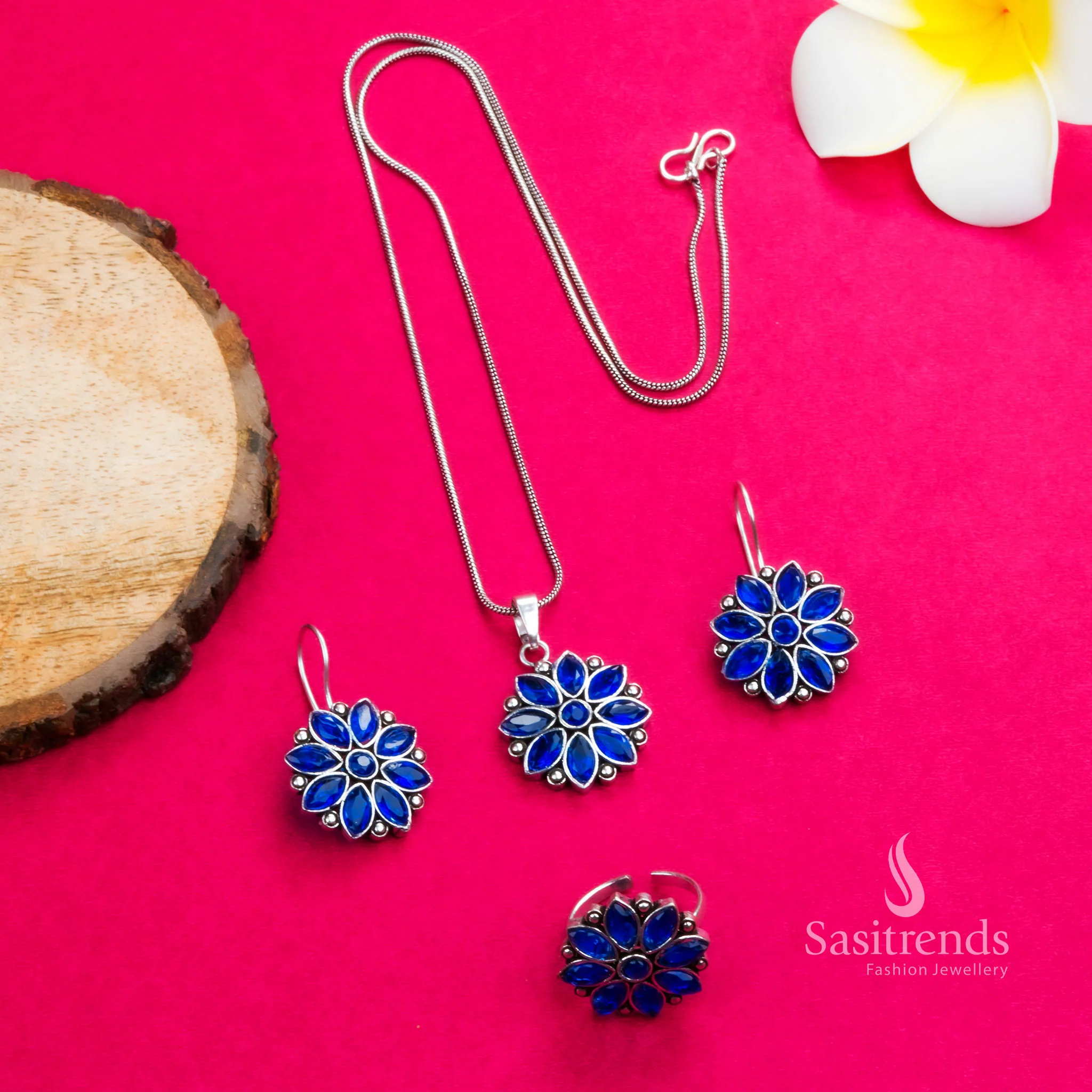 Stunning Flower Stones Stud Pendant Necklace with Oxidised Silver Earrings & Ring Jewellery Set | Sasitrends - Image 4