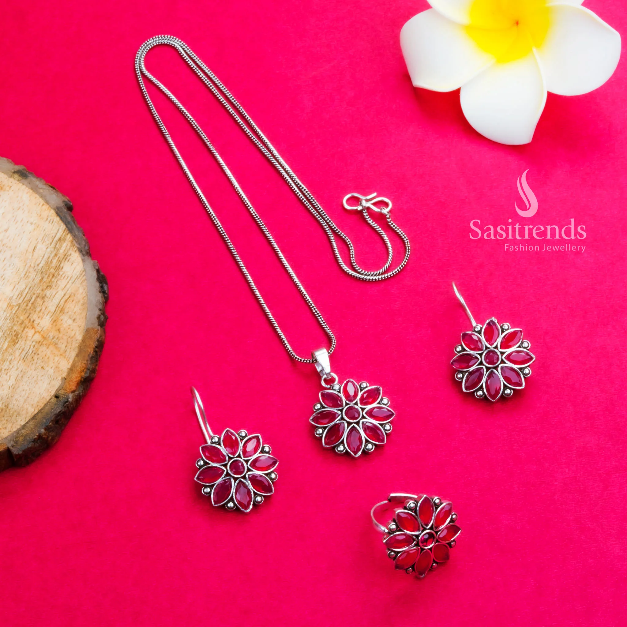 Stunning Flower Stones Stud Pendant Necklace with Oxidised Silver Earrings & Ring Jewellery Set | Sasitrends - Image 5