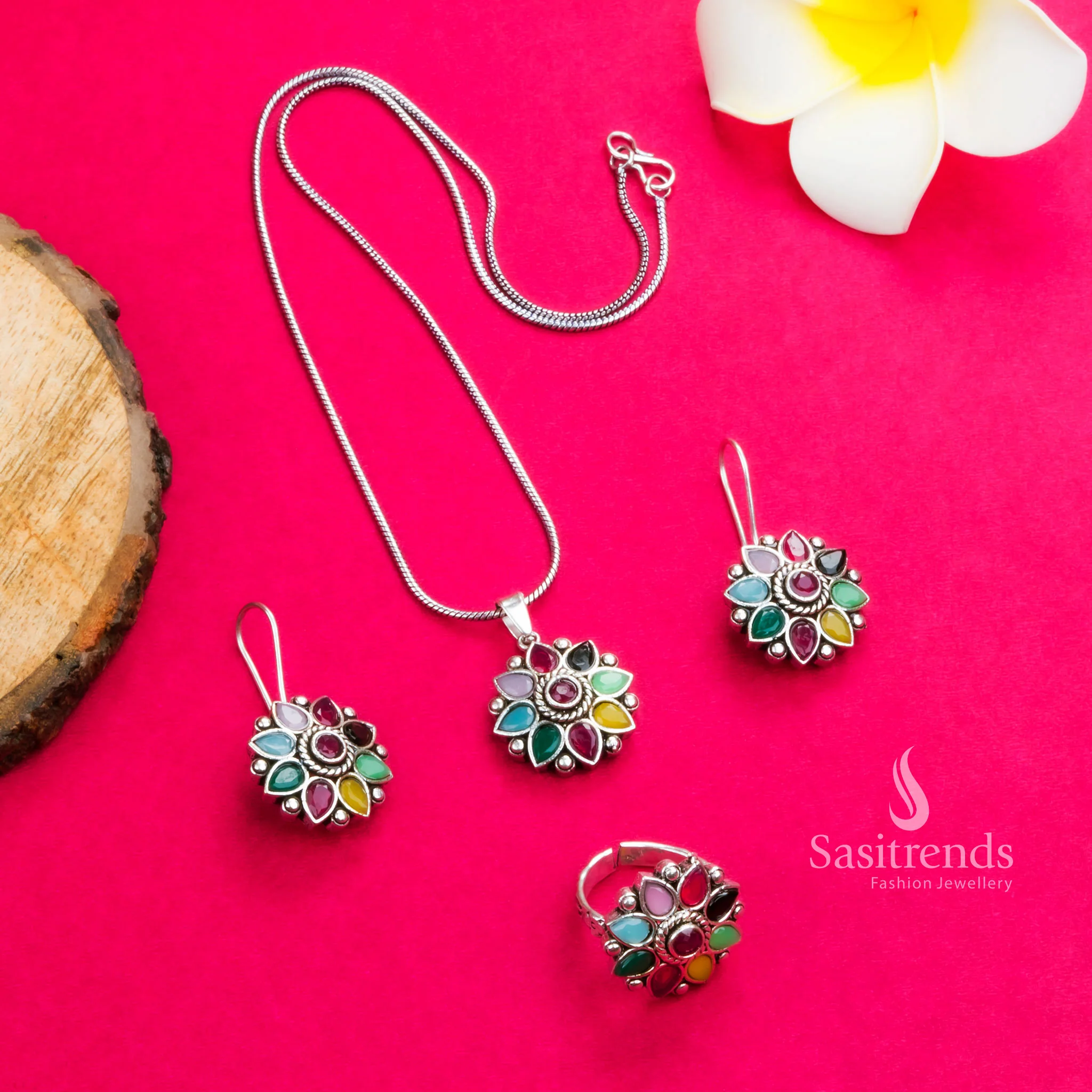 Stunning Flower Stones Stud Pendant Necklace with Oxidised Silver Earrings & Ring Jewellery Set | Sasitrends - Image 6