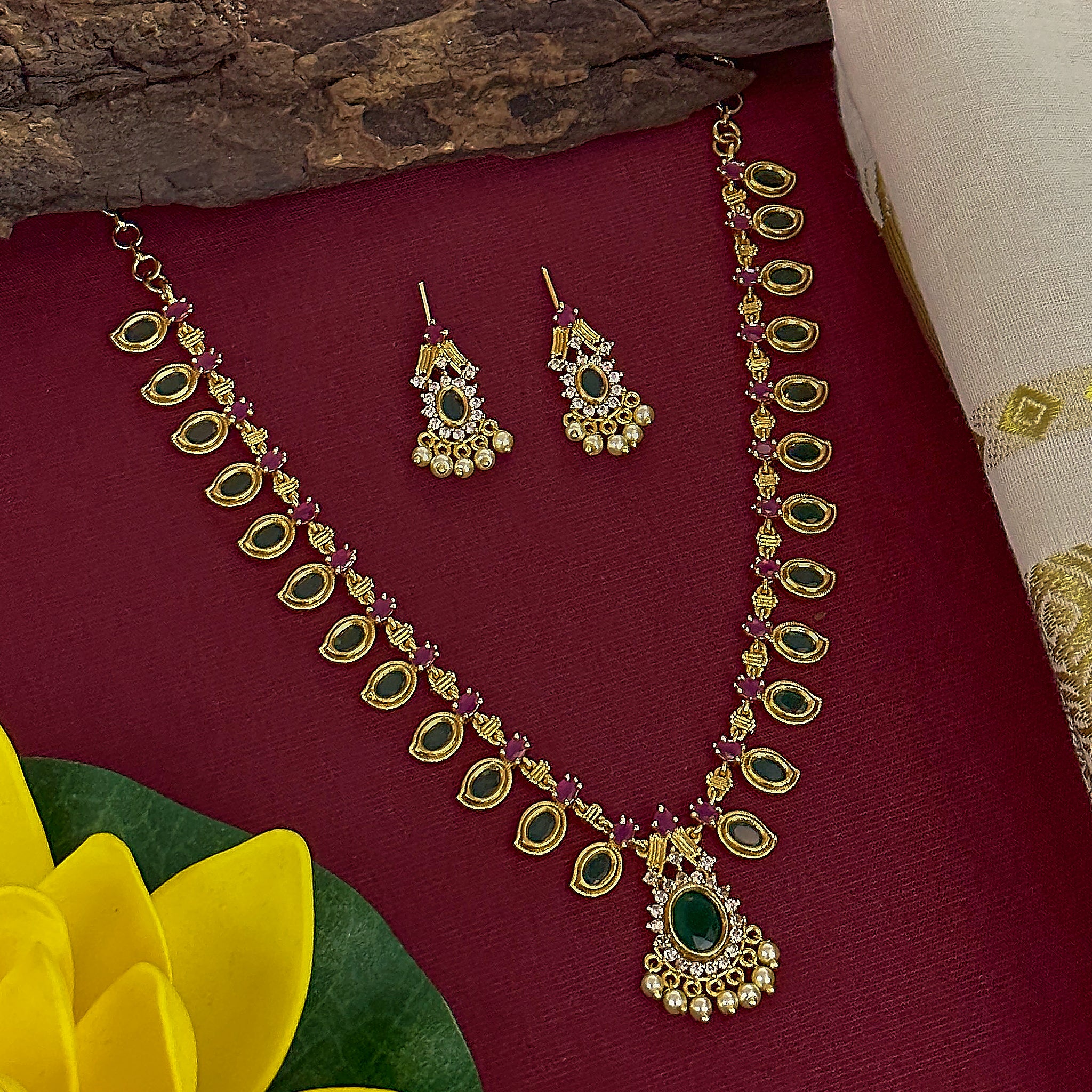 The Palakka Mala Necklace Jewellery Set - Traditional Matte Gold Plated Jewel for Traditional Indian Attire - Image 11