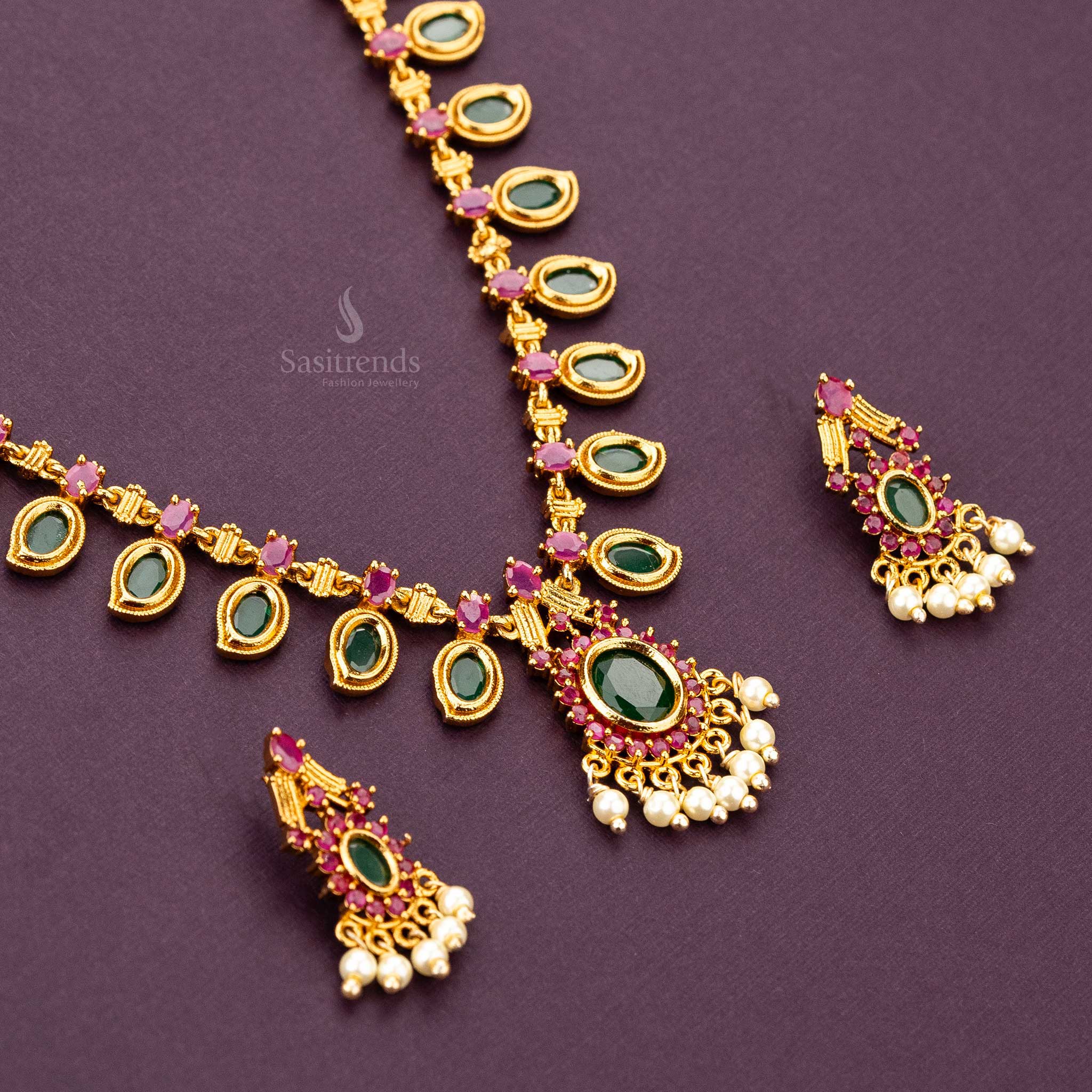 The Palakka Mala Necklace Jewellery Set - Traditional Matte Gold Plated Jewel for Traditional Indian Attire - Image 2