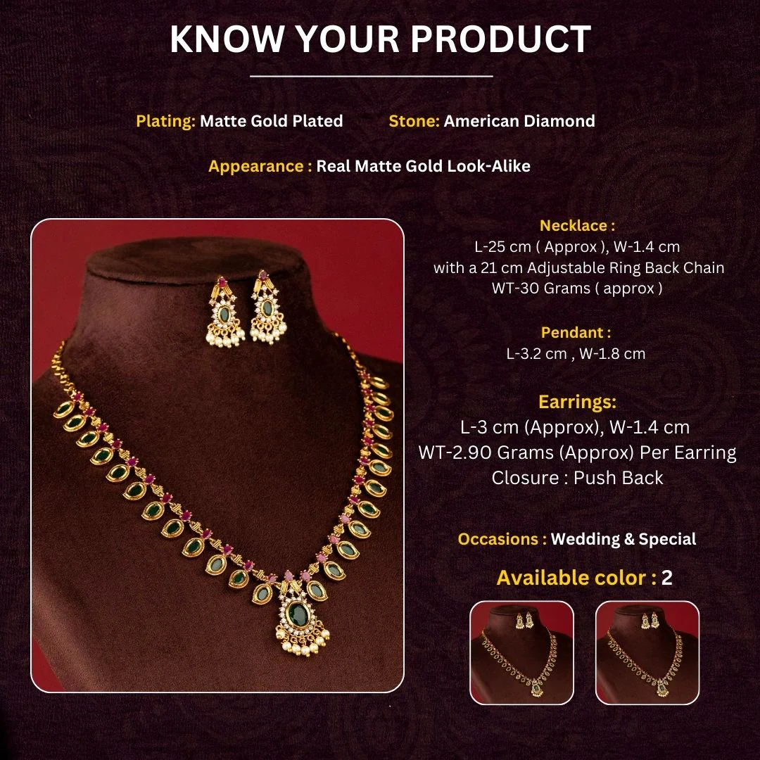 The Palakka Mala Necklace Jewellery Set - Traditional Matte Gold Plated Jewel for Traditional Indian Attire - Image 6