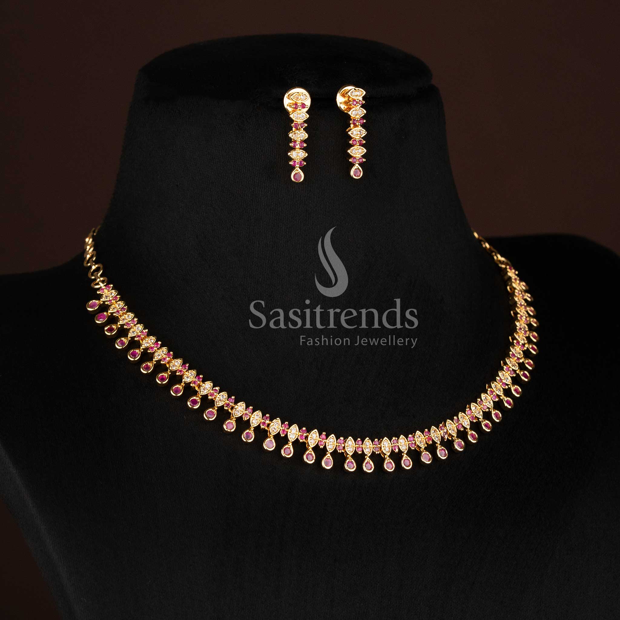 Beautifully Crafted Amazing American Diamond Micro Gold Plated Layered Drop Motif Necklace Jewellery Set - Image 9