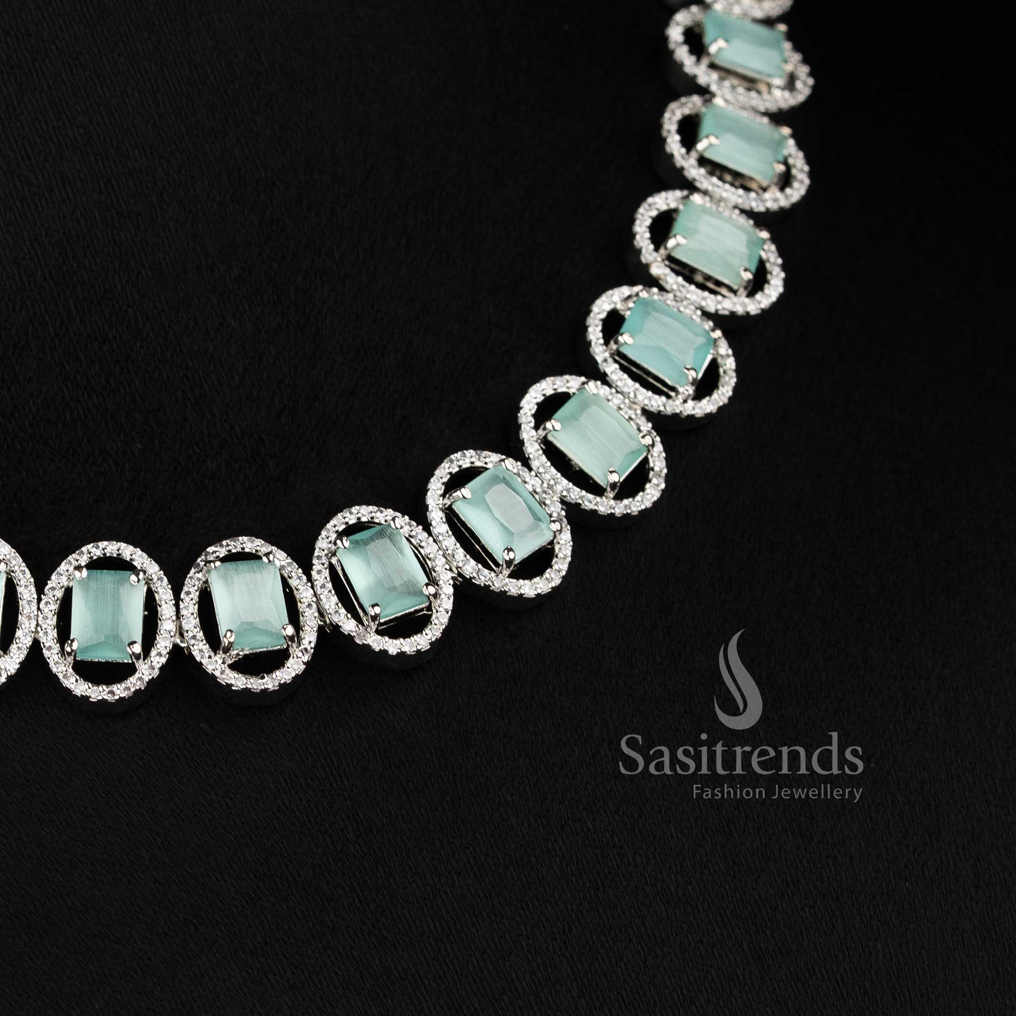 Stunning Rose Gold & Rhodium Silver Plated American Diamond Necklace Jewellery Set for Parties & Reception Wear - Sasitrends - Image 12