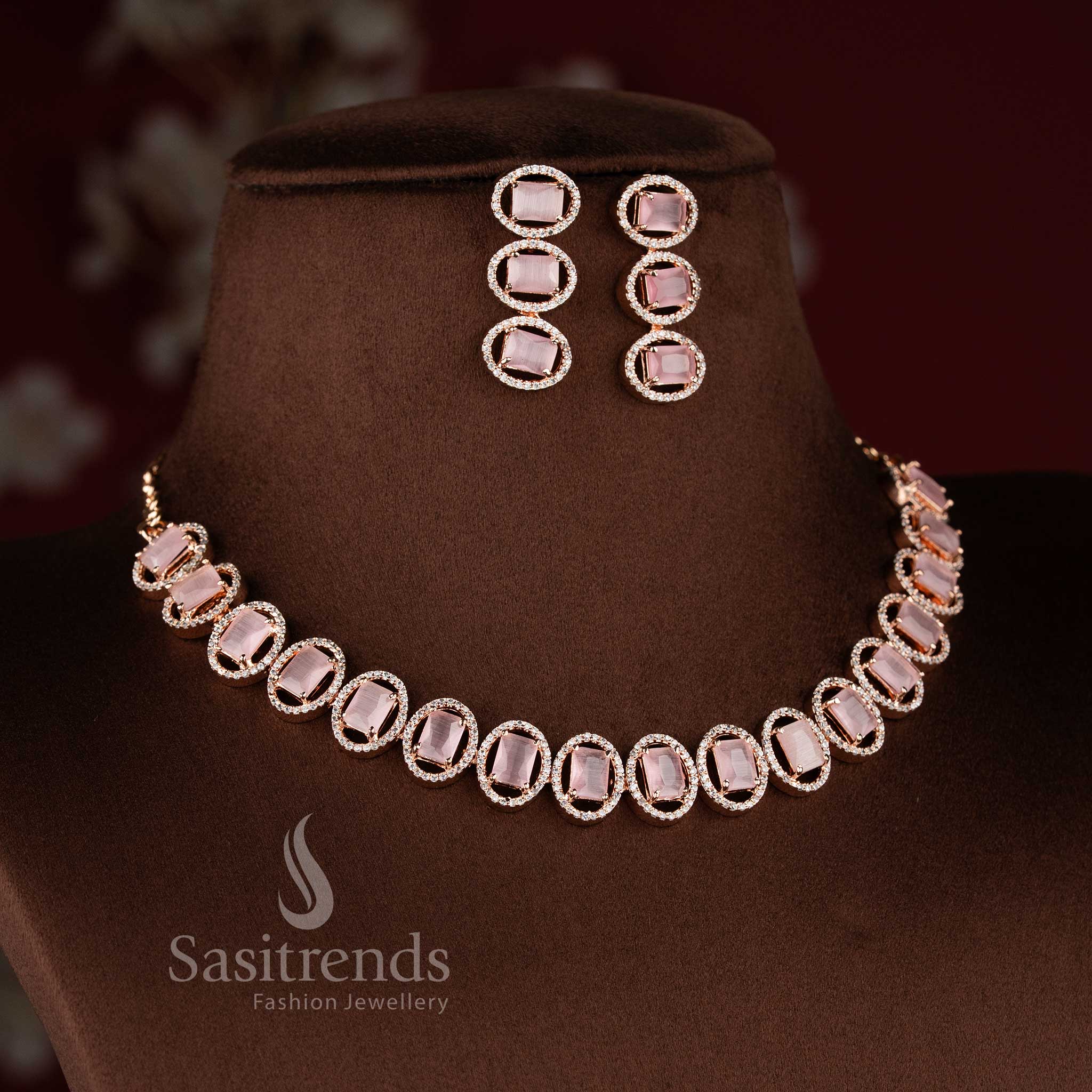 Stunning Rose Gold & Rhodium Silver Plated American Diamond Necklace Jewellery Set for Parties & Reception Wear - Sasitrends - Image 2