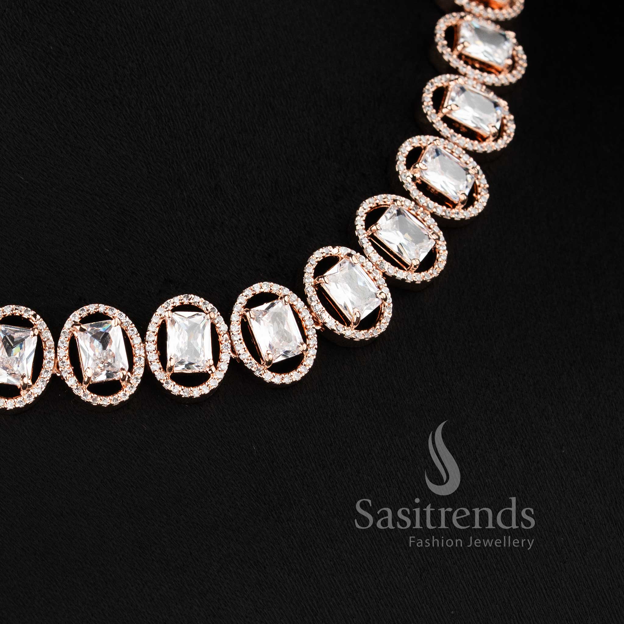 Stunning Rose Gold & Rhodium Silver Plated American Diamond Necklace Jewellery Set for Parties & Reception Wear - Sasitrends - Image 26