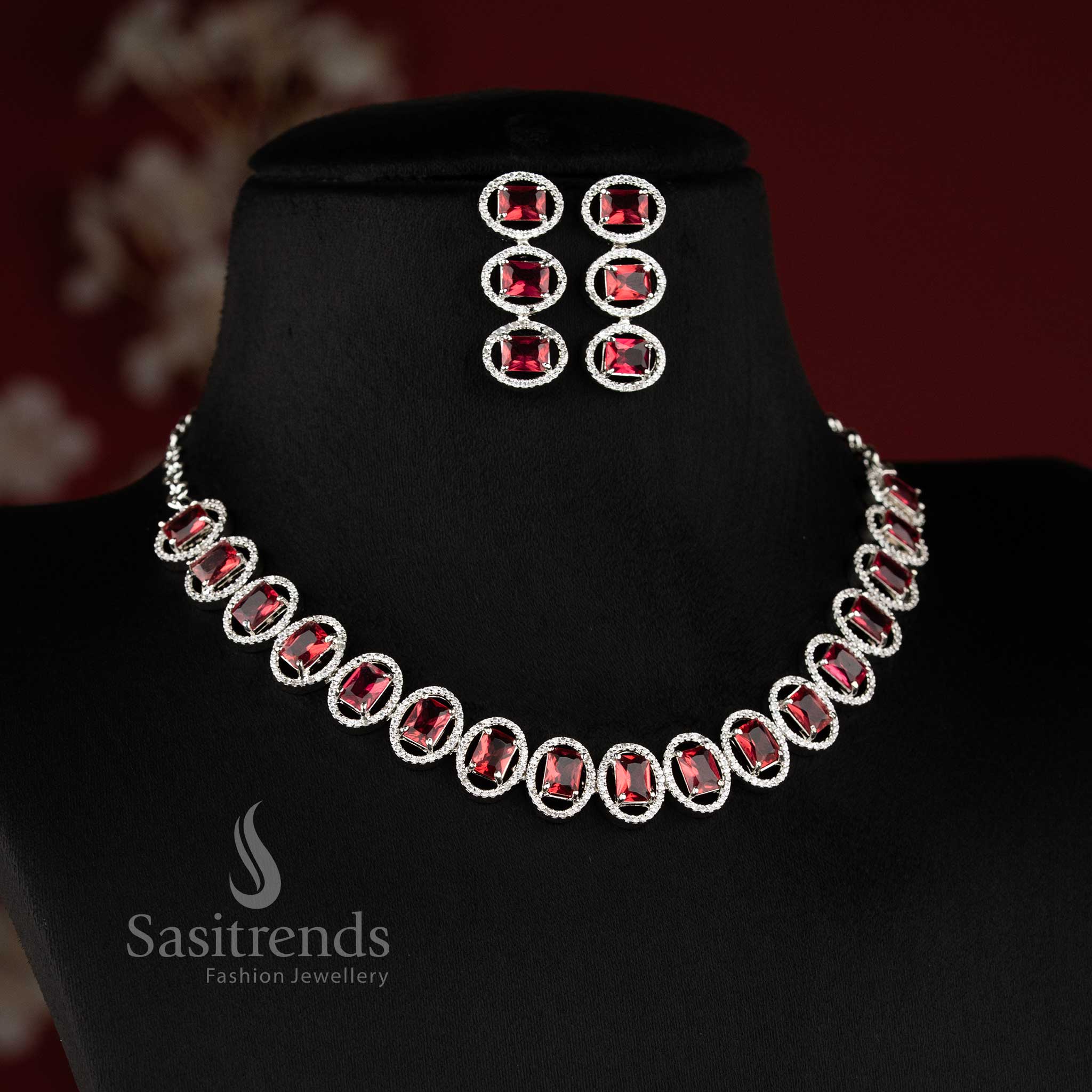 Stunning Rose Gold & Rhodium Silver Plated American Diamond Necklace Jewellery Set for Parties & Reception Wear - Sasitrends - Image 28