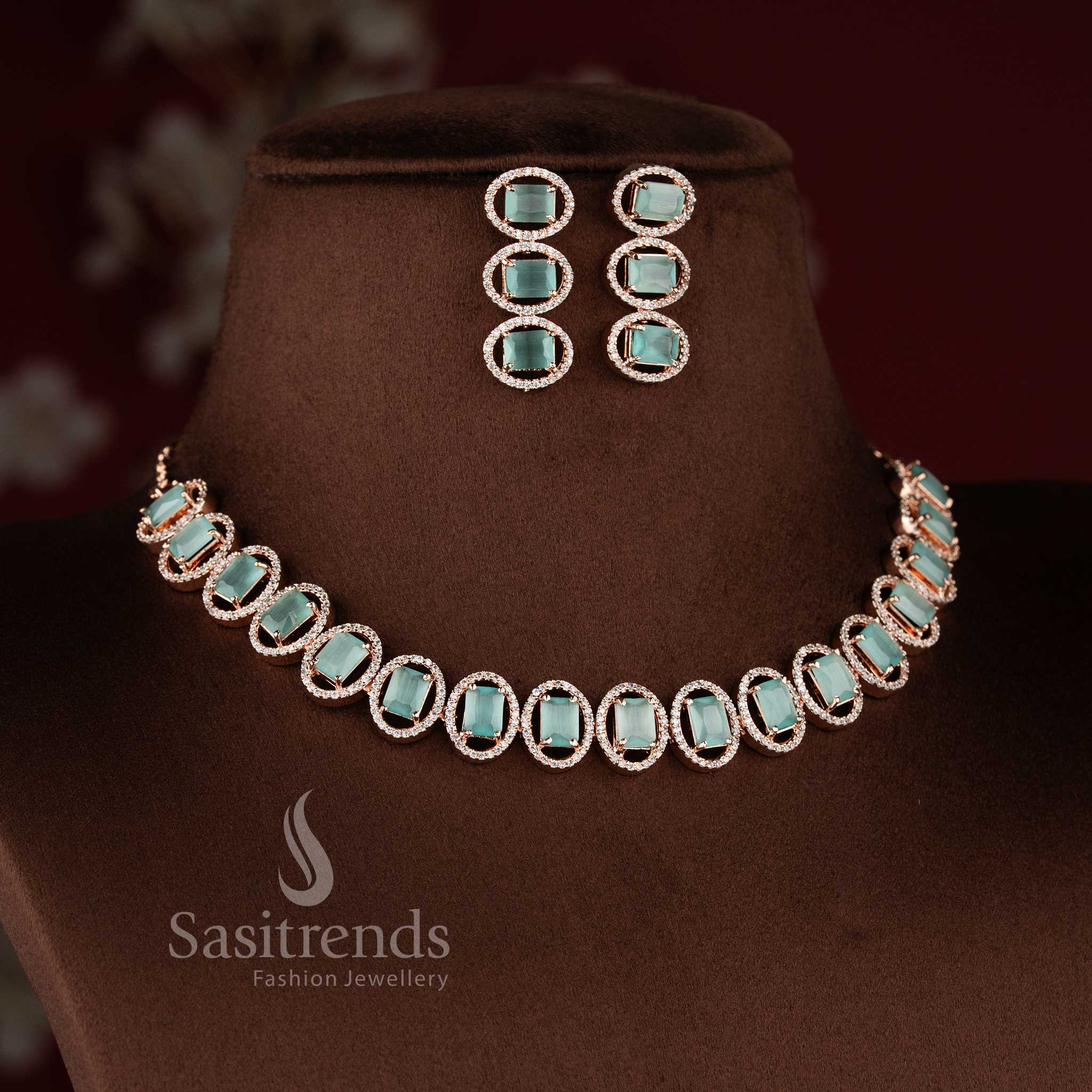 Stunning Rose Gold & Rhodium Silver Plated American Diamond Necklace Jewellery Set for Parties & Reception Wear - Sasitrends - Image 3