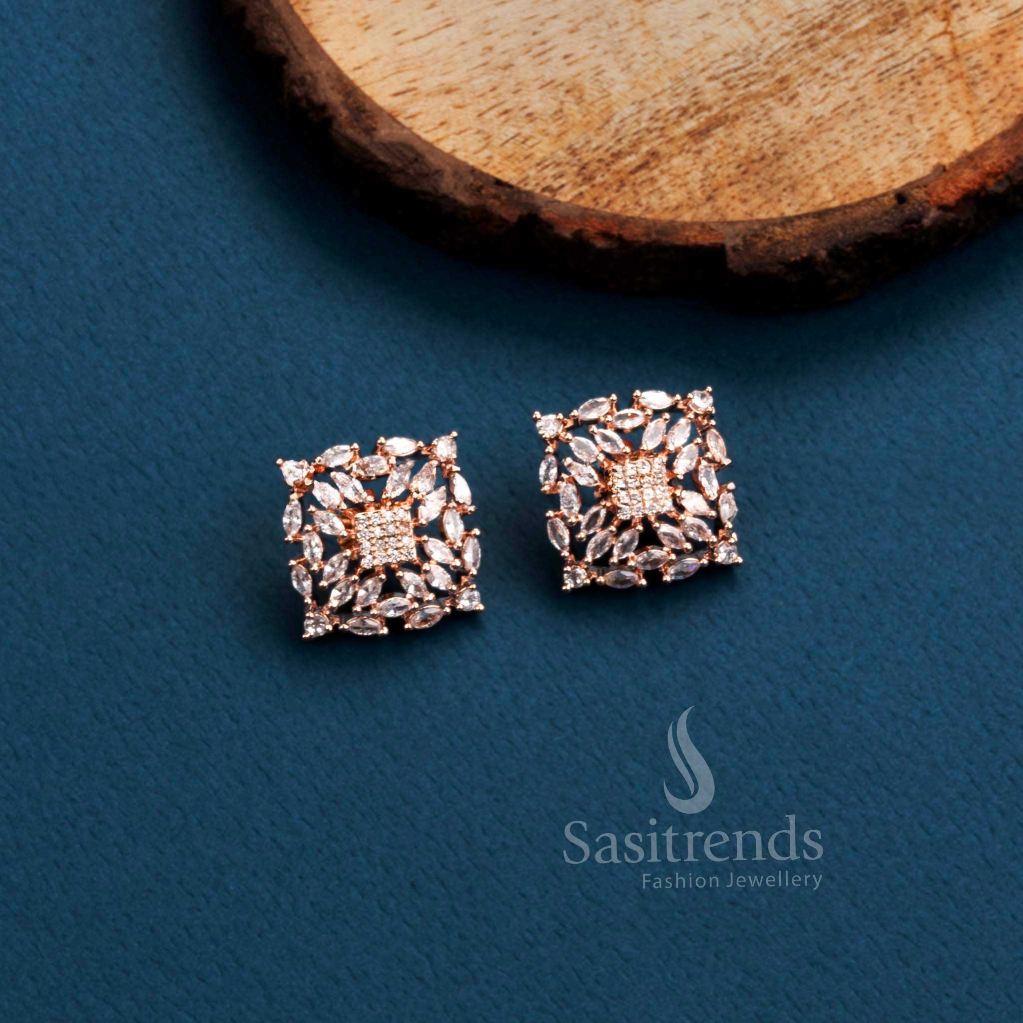 Rich Look Party Wear Earrings with Stunning Square Motif - American Diamond Stones | Sasitrends - Image 3