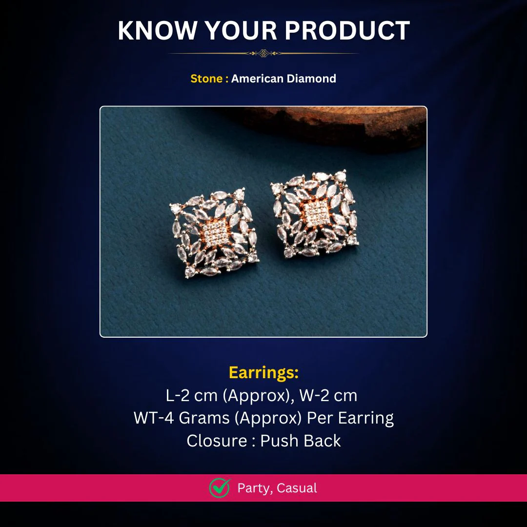 Rich Look Party Wear Earrings with Stunning Square Motif - American Diamond Stones | Sasitrends - Image 4