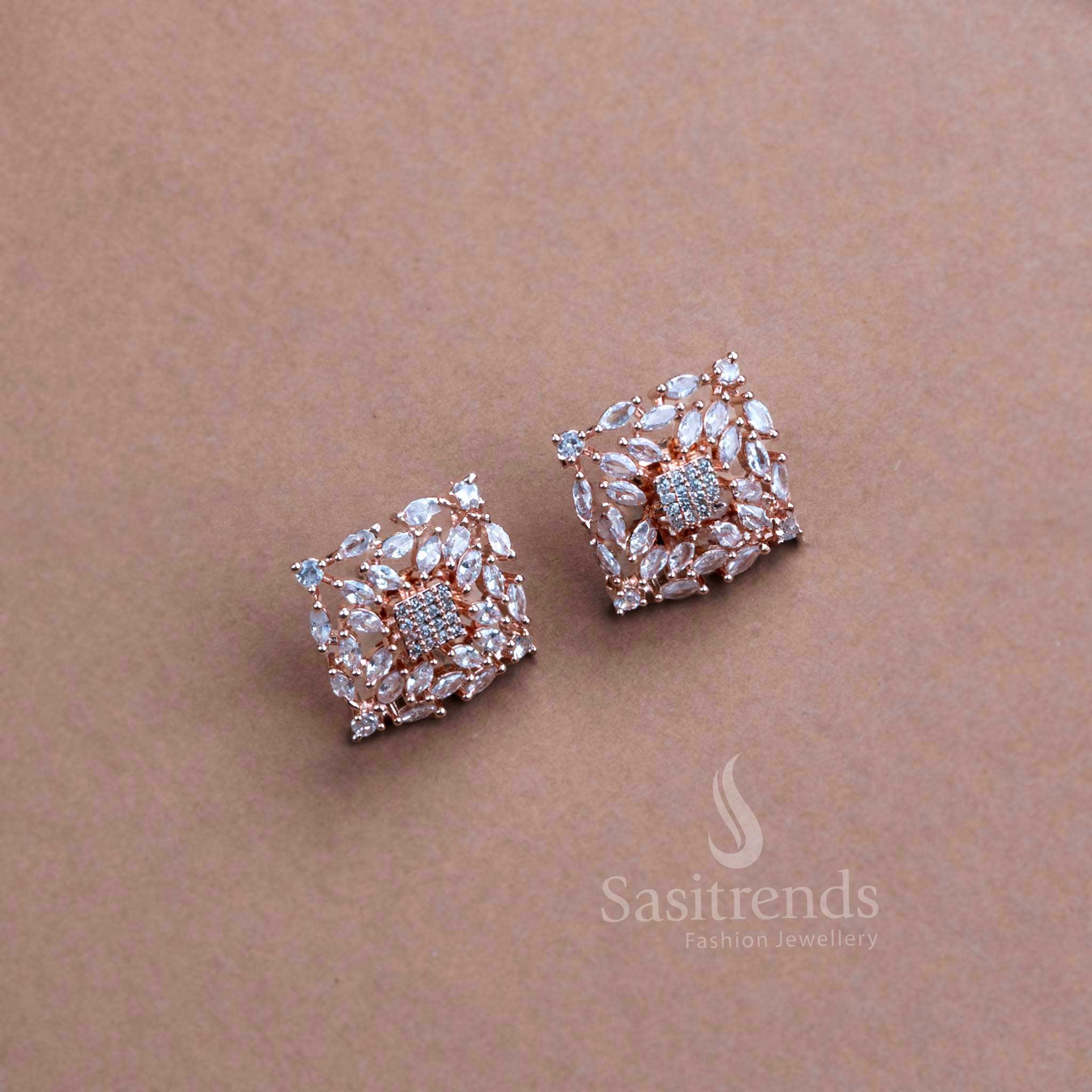 Rich Look Party Wear Earrings with Stunning Square Motif - American Diamond Stones | Sasitrends - Image 5