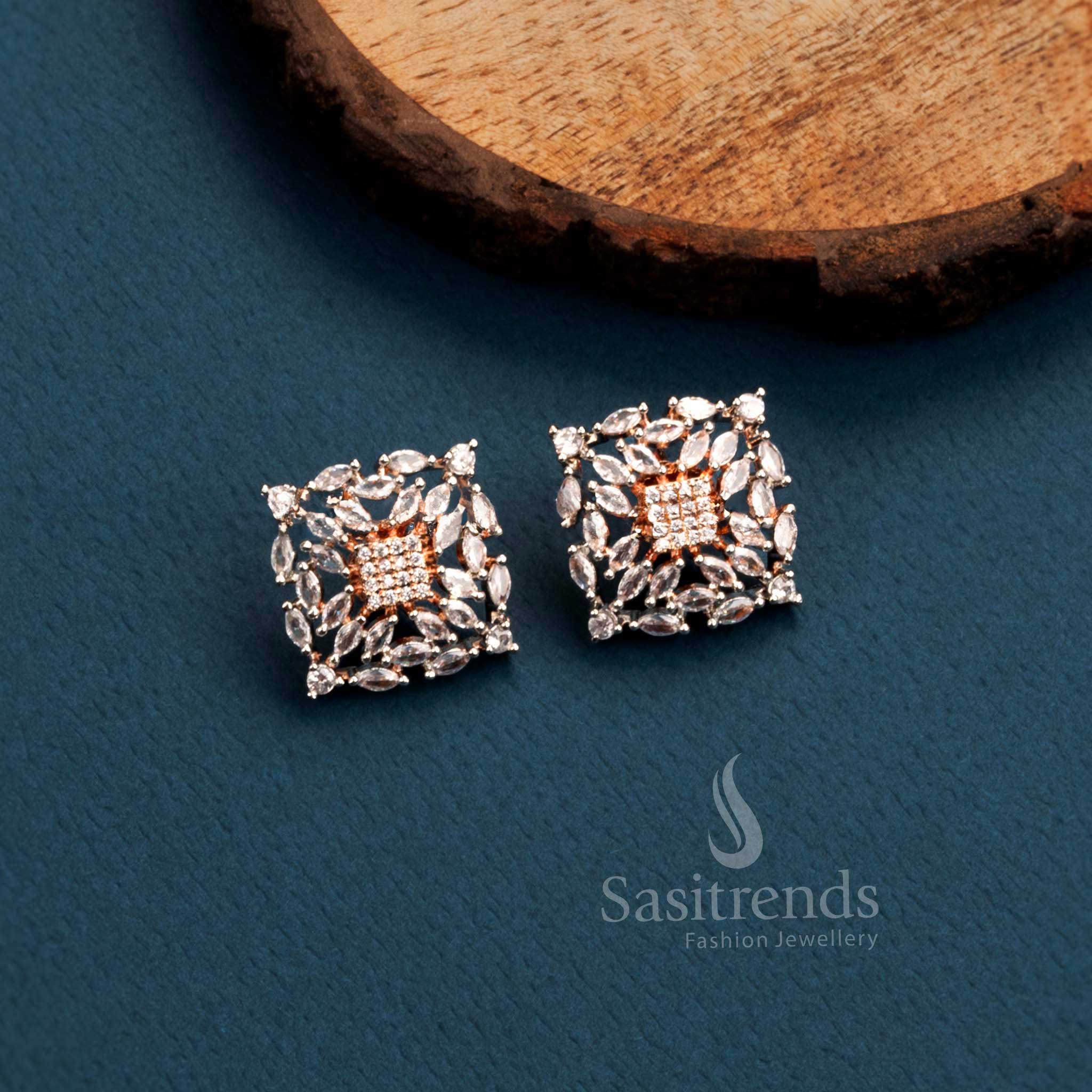 Rich Look Party Wear Earrings with Stunning Square Motif - American Diamond Stones | Sasitrends - Image 6