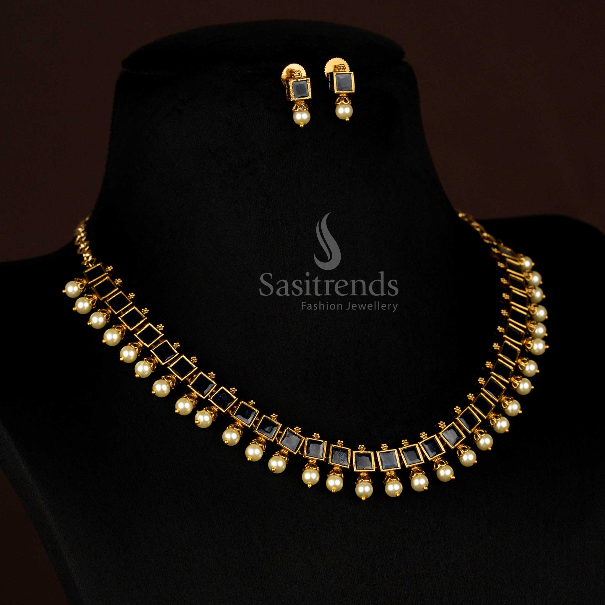 American Diamond Square-Cut Victorian Necklace Jewellery Set with Pearl Drops | Traditional & Party Wear