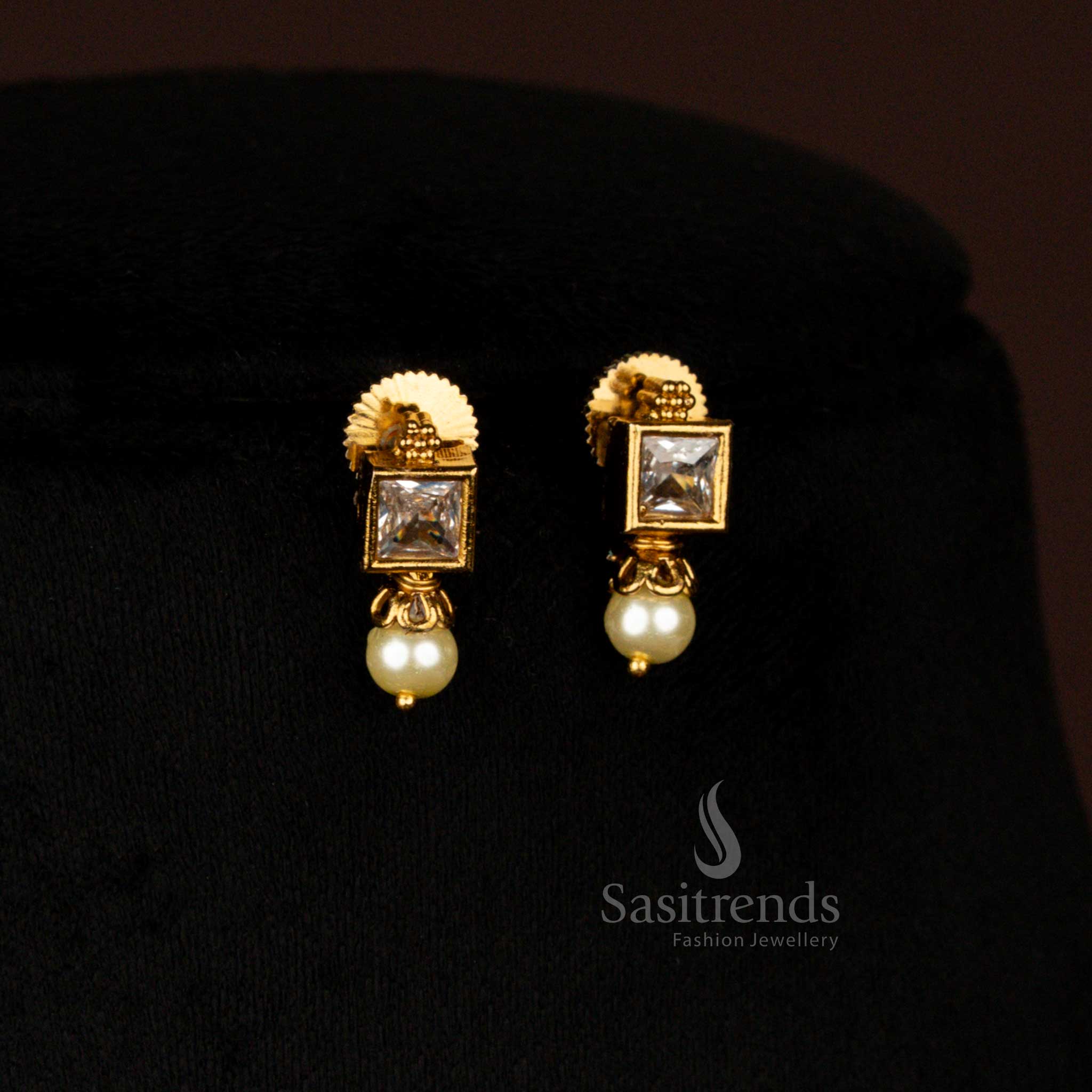 American Diamond Square-Cut Victorian Necklace Jewellery Set with Pearl Drops | Traditional & Party Wear - Image 3