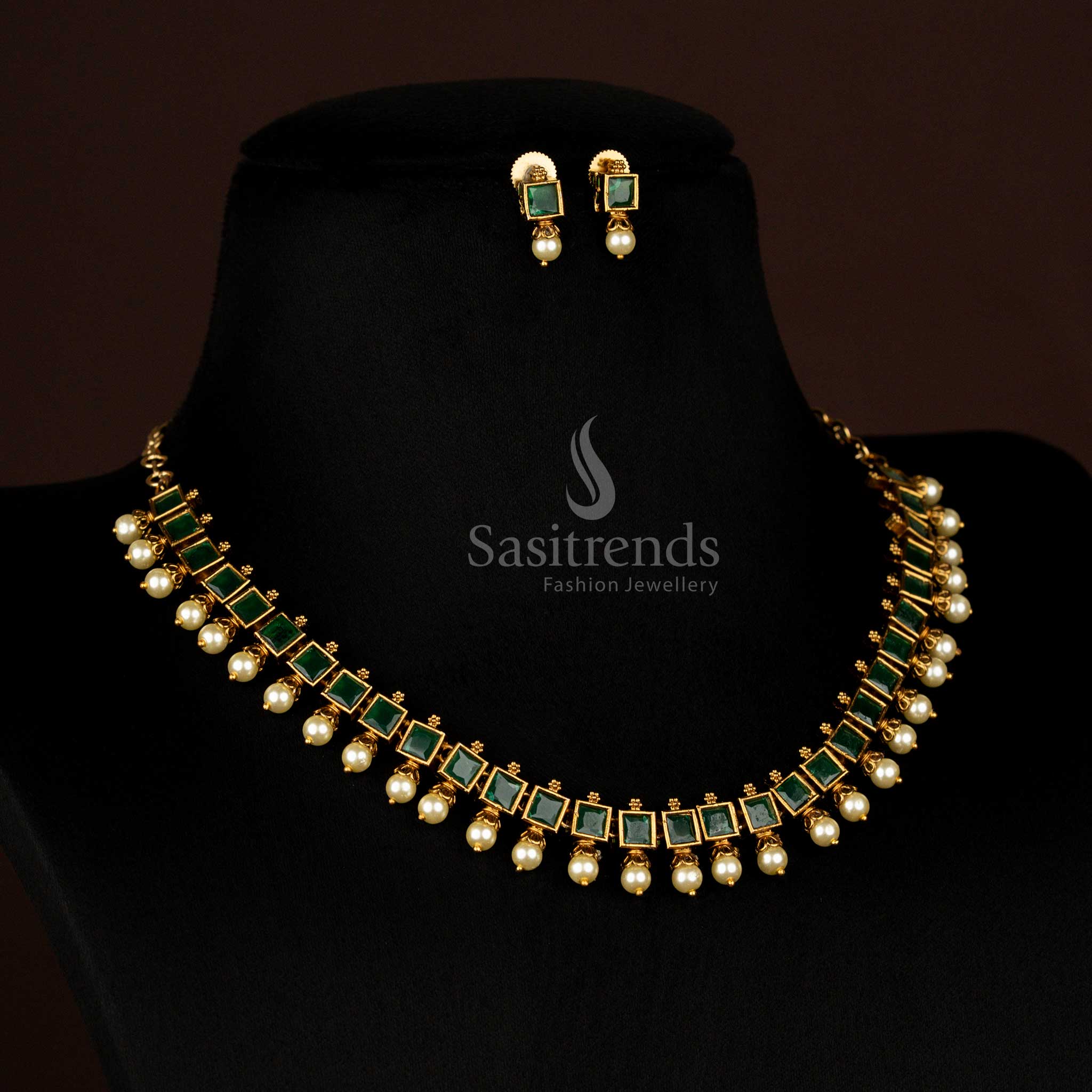 American Diamond Square-Cut Victorian Necklace Jewellery Set with Pearl Drops | Traditional & Party Wear - Image 4