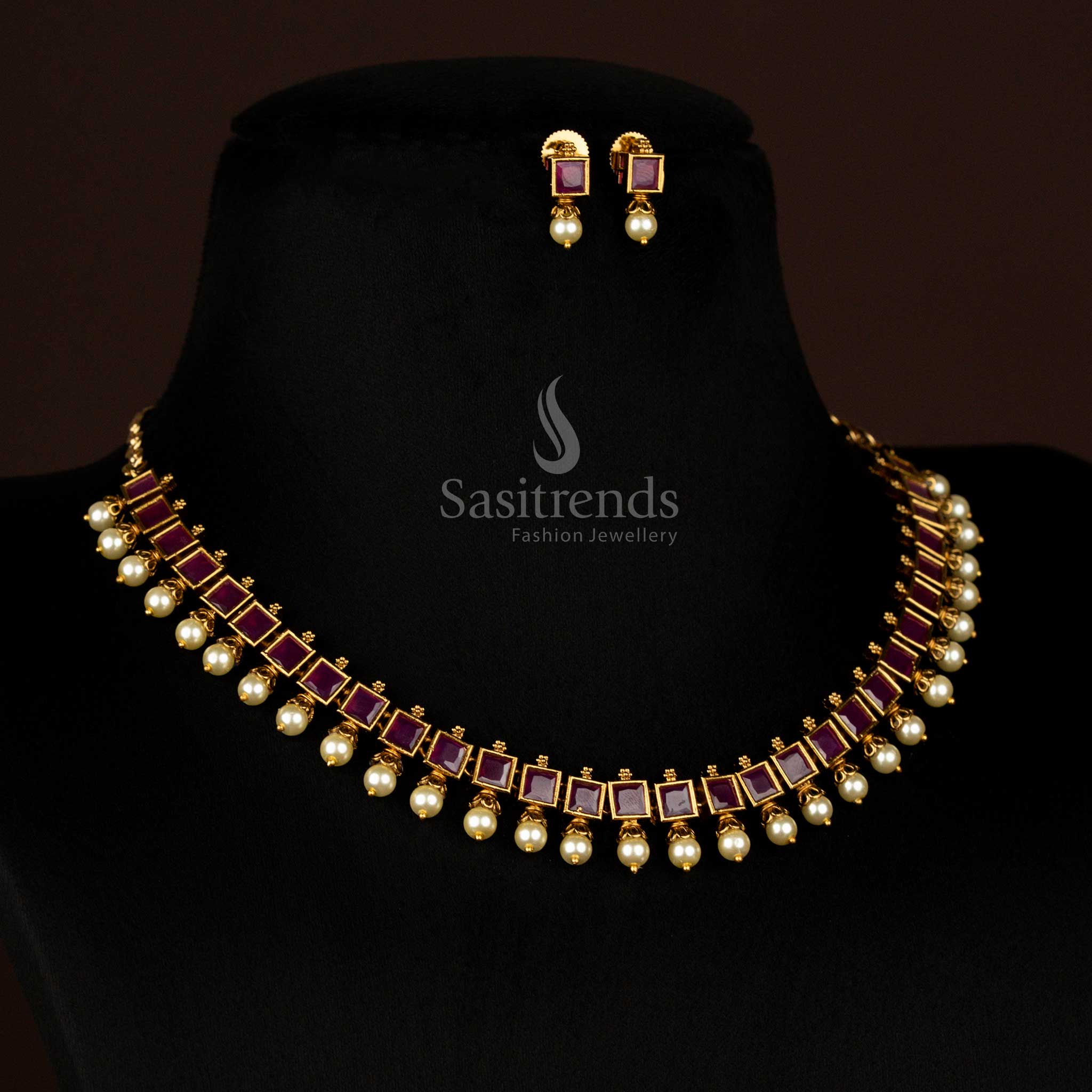American Diamond Square-Cut Victorian Necklace Jewellery Set with Pearl Drops | Traditional & Party Wear - Image 6