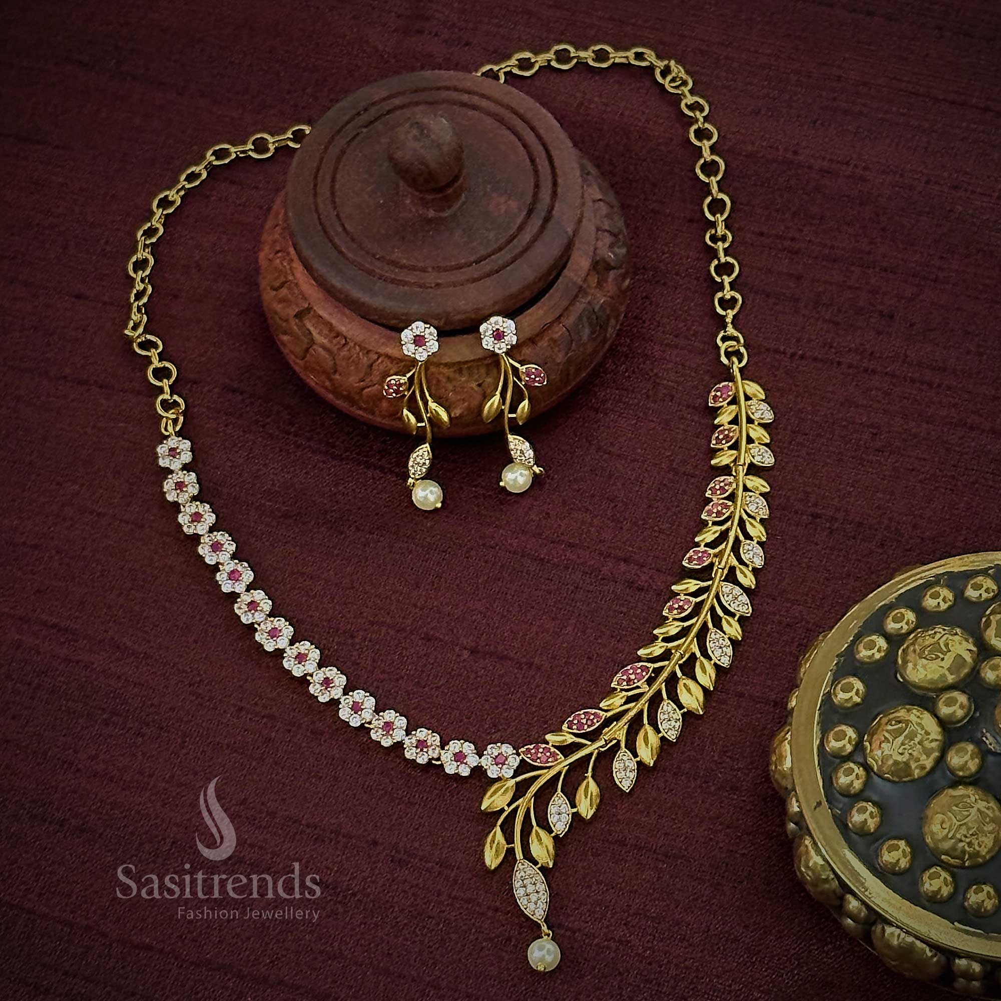 Amazing Party Wear Temple Matte Gold Plated Floral and Leaf AD Necklace Jewellery Set for Women | Sasitrends - Image 4