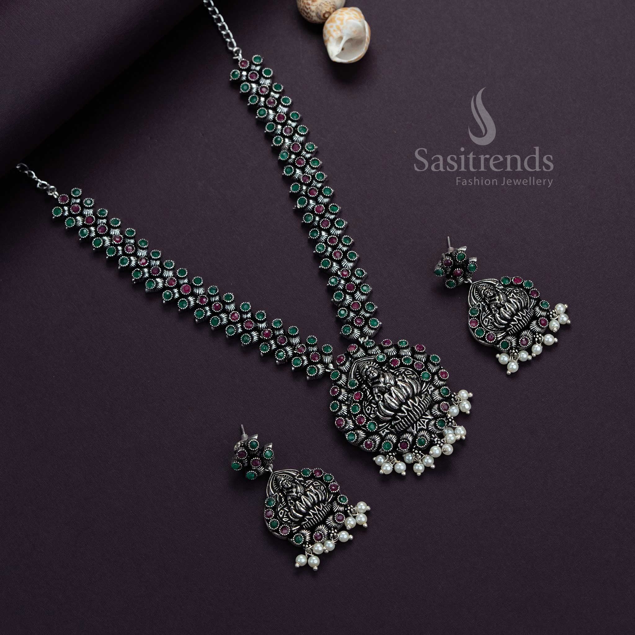 Lakshmi Oxidised Silver Stones Necklace with Earrings - Traditional Party Necklace Jewellery Set | Sasitrends - Image 3