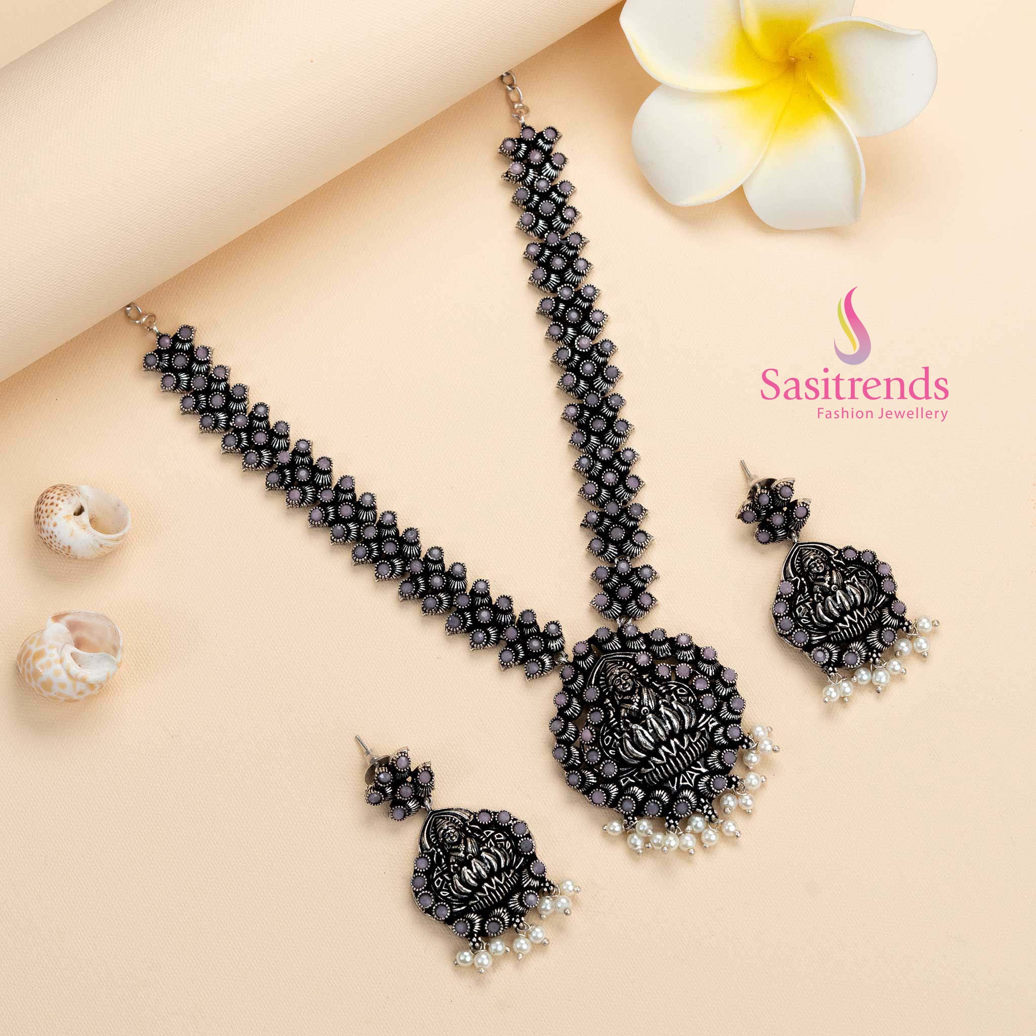 Lakshmi Oxidised Silver Stones Necklace with Earrings - Traditional Party Necklace Jewellery Set | Sasitrends - Image 5