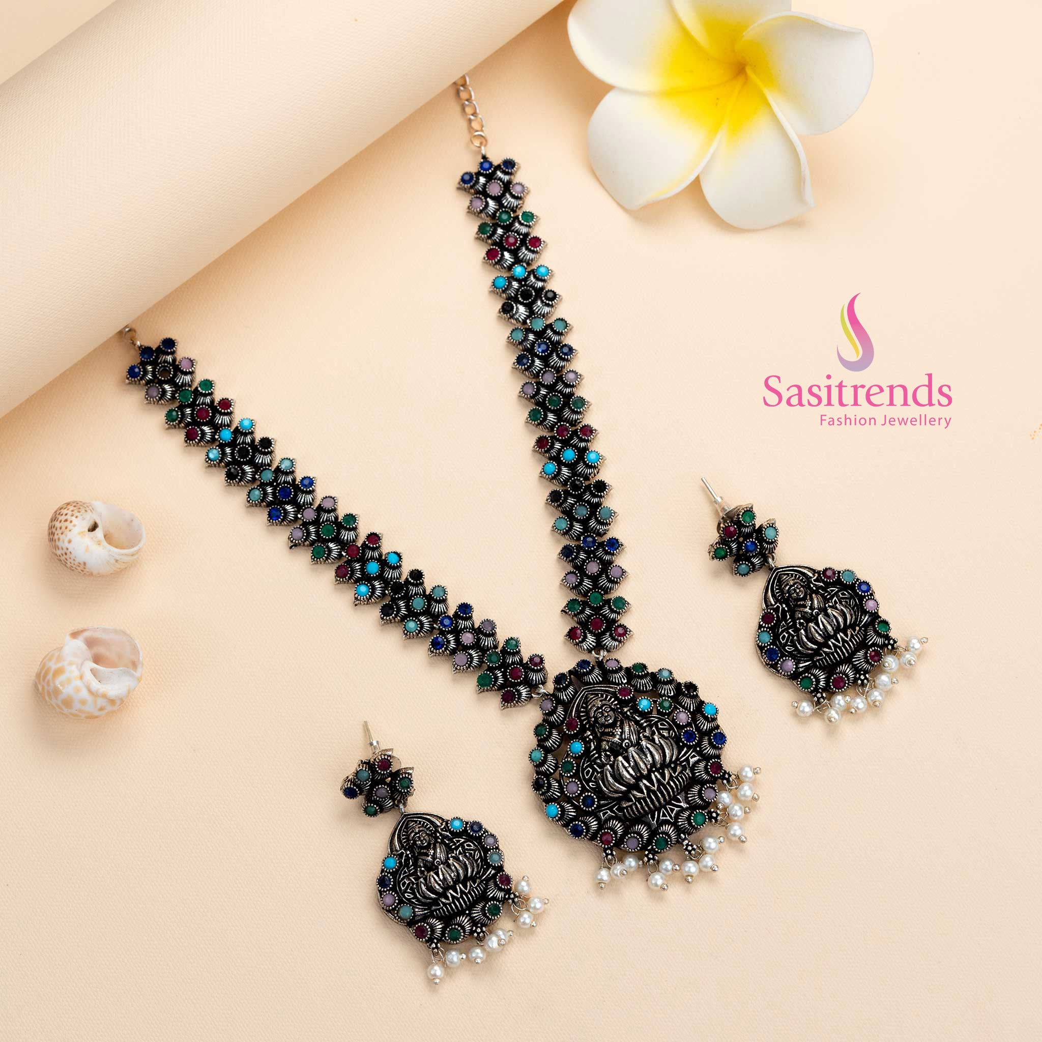 Lakshmi Oxidised Silver Stones Necklace with Earrings - Traditional Party Necklace Jewellery Set | Sasitrends - Image 6