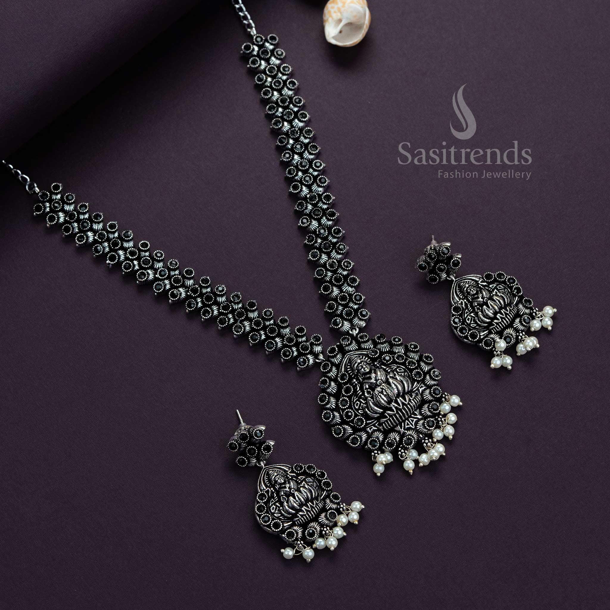 Lakshmi Oxidised Silver Stones Necklace with Earrings - Traditional Party Necklace Jewellery Set | Sasitrends - Image 7