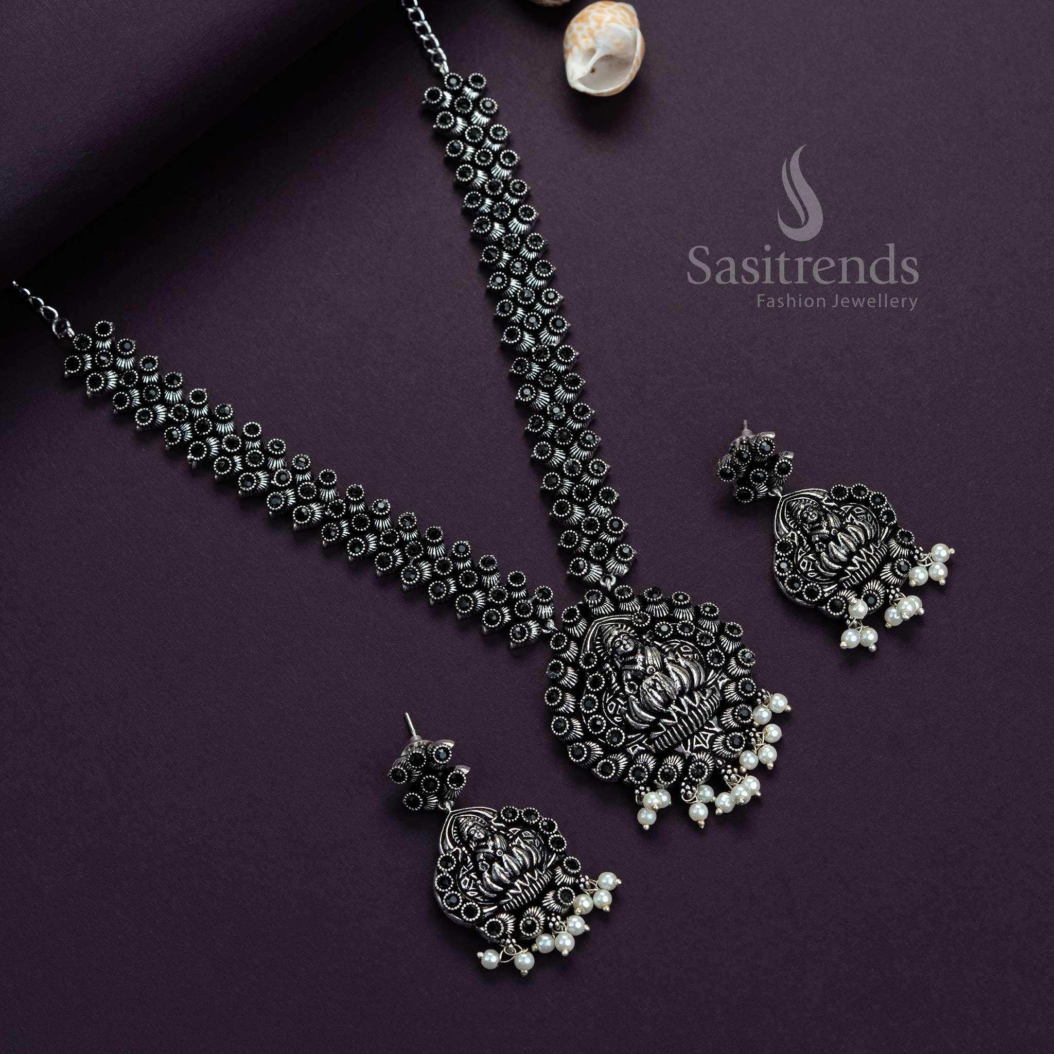 Lakshmi Oxidised Silver Stones Necklace with Earrings - Traditional Party Necklace Jewellery Set | Sasitrends - Image 8