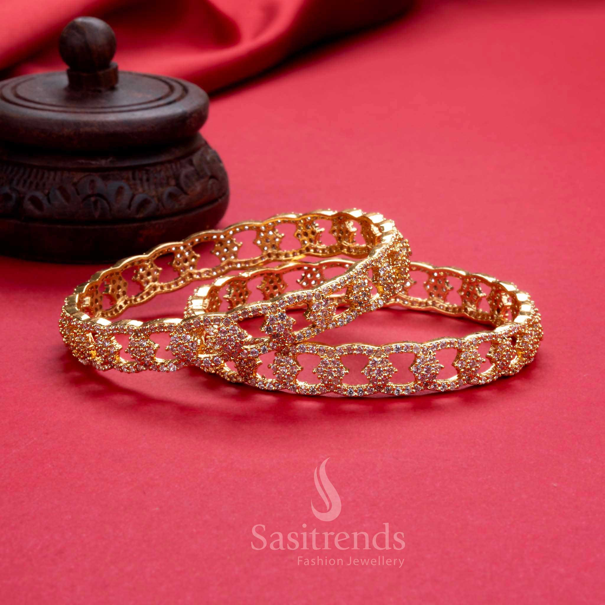 New Party Wear Micro Gold Plated White American Diamond Bangles for Women - Latest Bangles for Online Shopping - Image 3