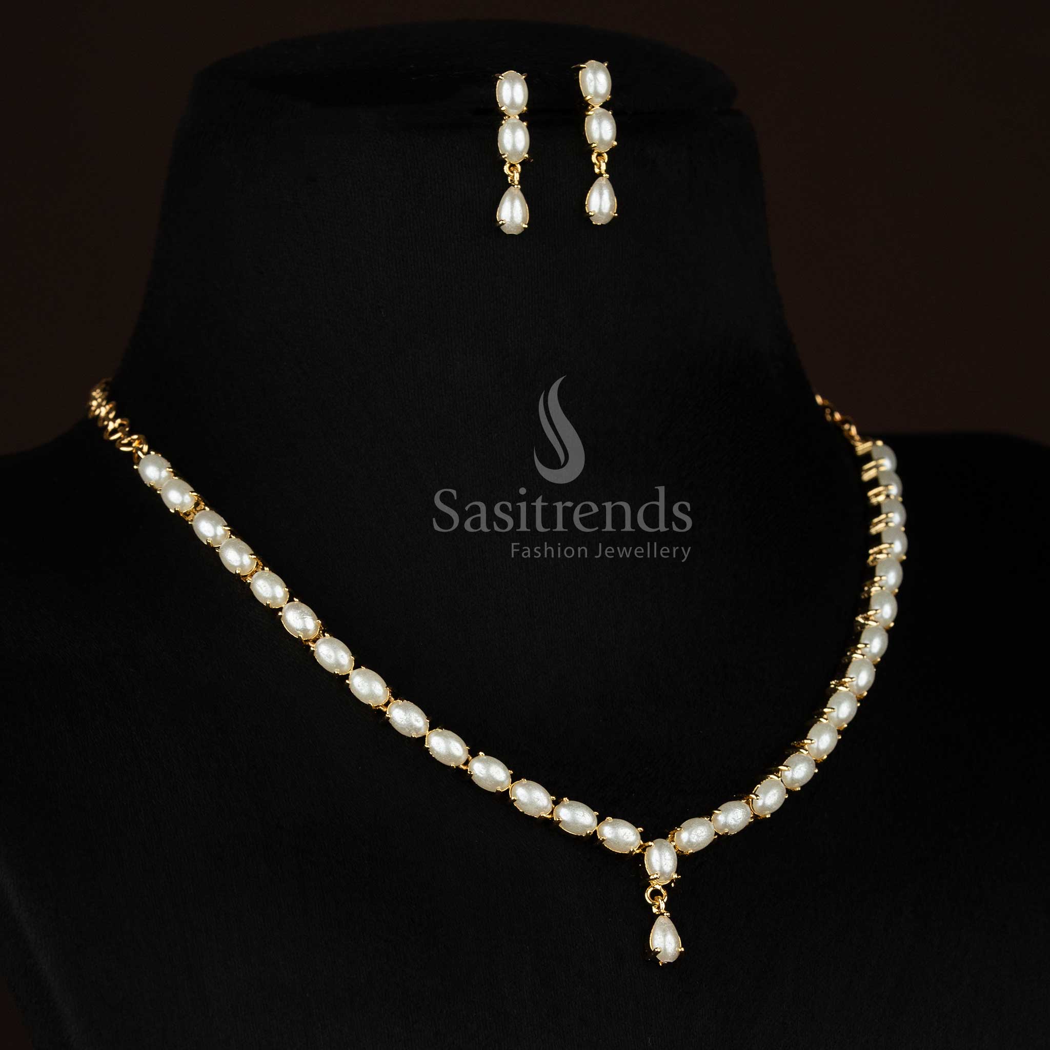 Opulent 24k Micro Gold Plated American Diamond Pearl & Oval Stone Link Necklace Jewellery Set with Tear-Drop Dangler - Image 2