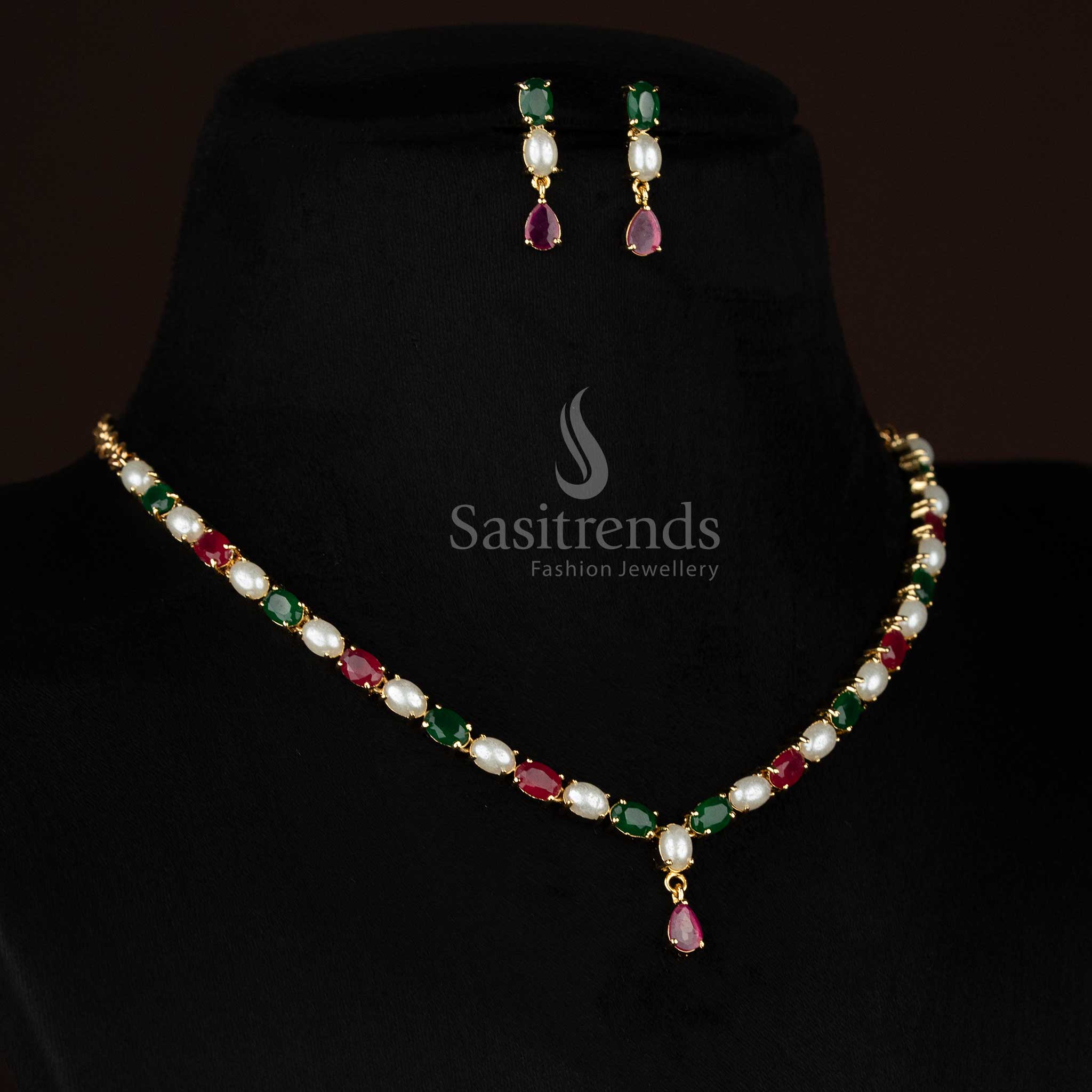 Opulent 24k Micro Gold Plated American Diamond Pearl & Oval Stone Link Necklace Jewellery Set with Tear-Drop Dangler - Image 3