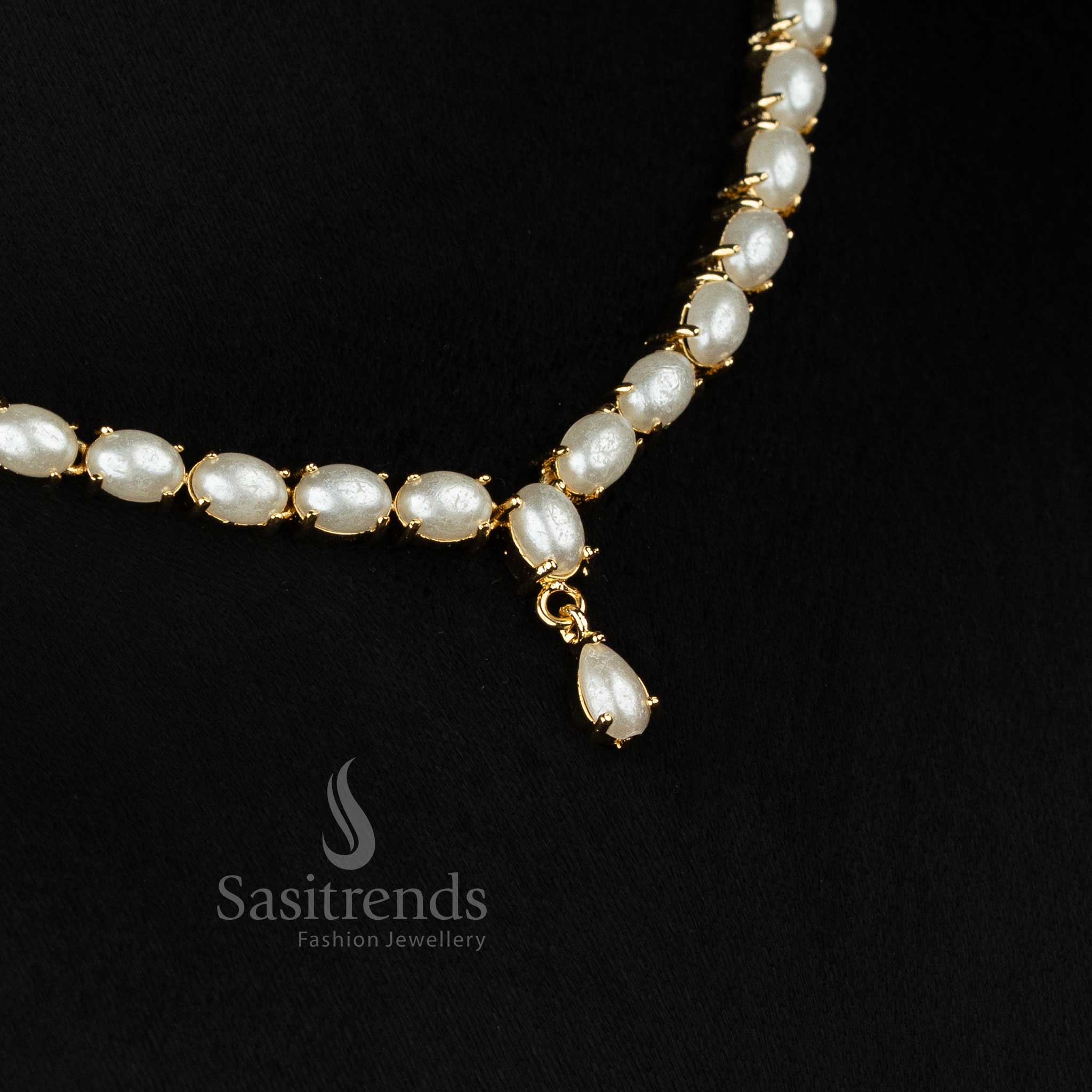 Opulent 24k Micro Gold Plated American Diamond Pearl & Oval Stone Link Necklace Jewellery Set with Tear-Drop Dangler - Image 4