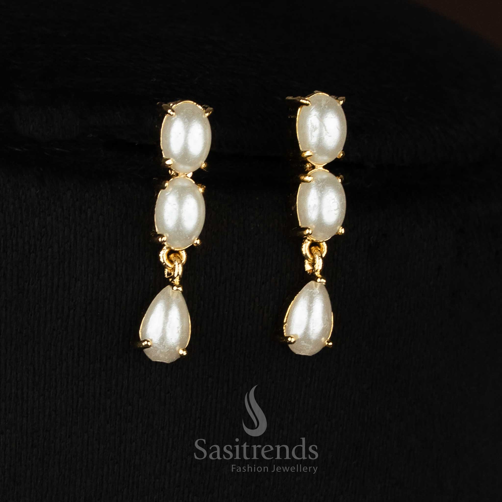 Opulent 24k Micro Gold Plated American Diamond Pearl & Oval Stone Link Necklace Jewellery Set with Tear-Drop Dangler - Image 7