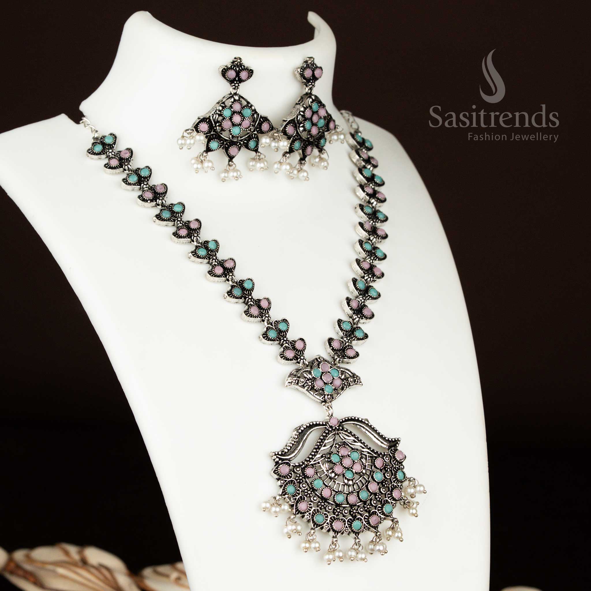 Glamorous Oxidised Silver Party Necklace Jewellery Set  with Flower Pendant & Pearl Hangings Earrings - Image 16