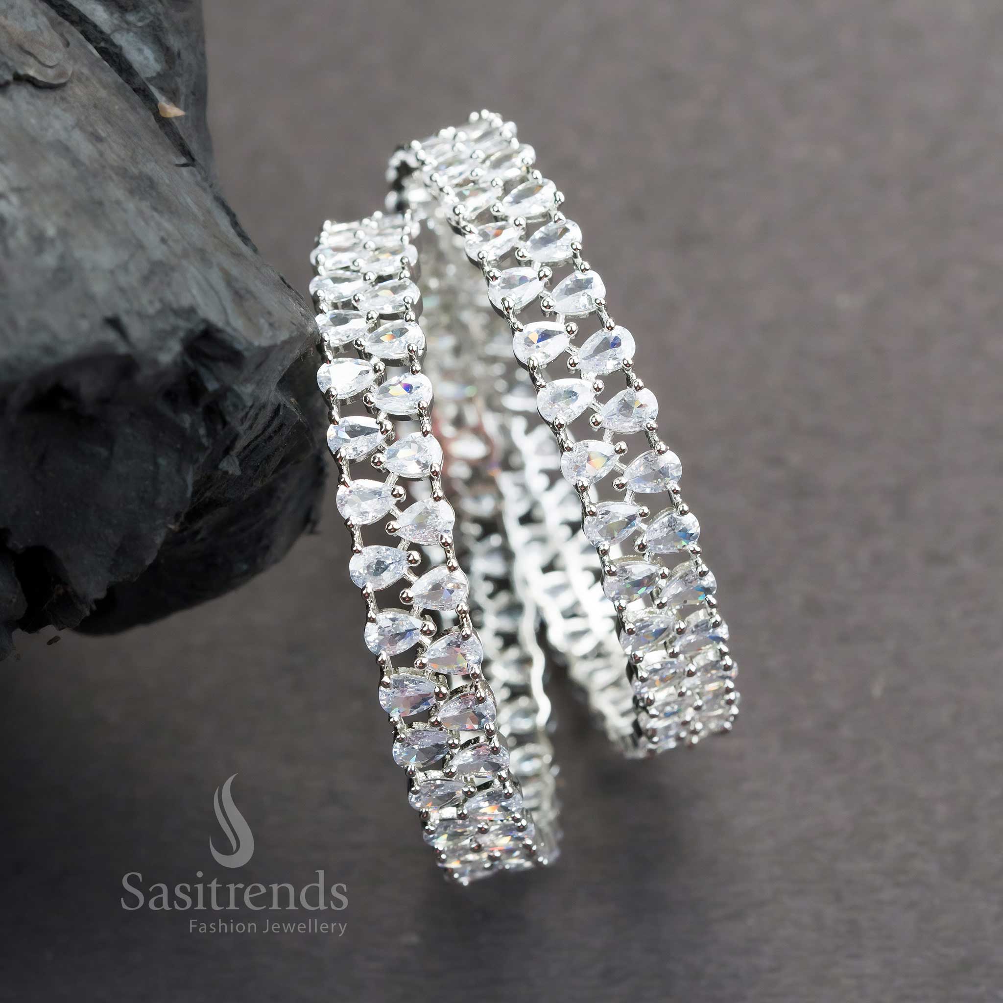 Stylish Party Wear Rhodium Silver Plated Bangles with Stunning Tear Drop American Diamond Stones | Sasitrends - Image 3