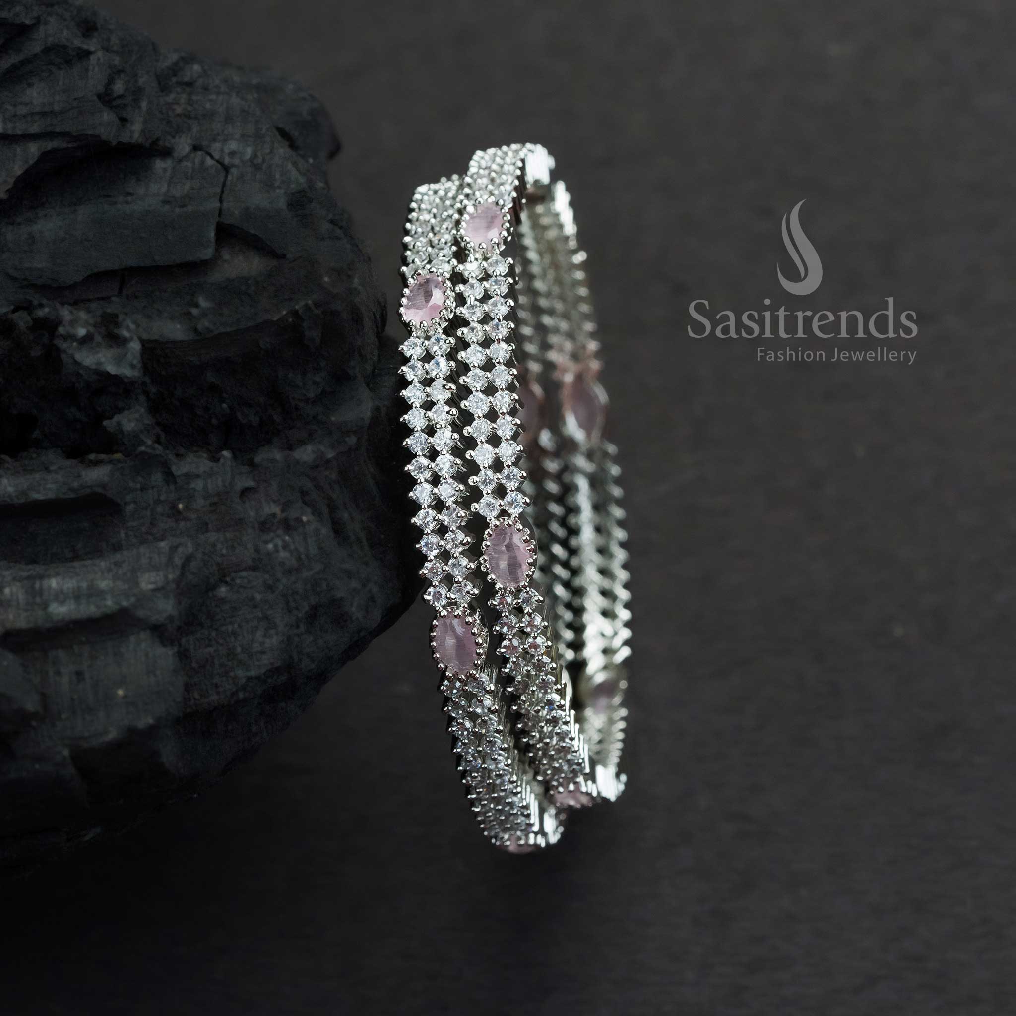 Latest Collections: Stunning Rhodium Silver Plated Bangles with Oval Shaped White American Diamond Stones - Image 3