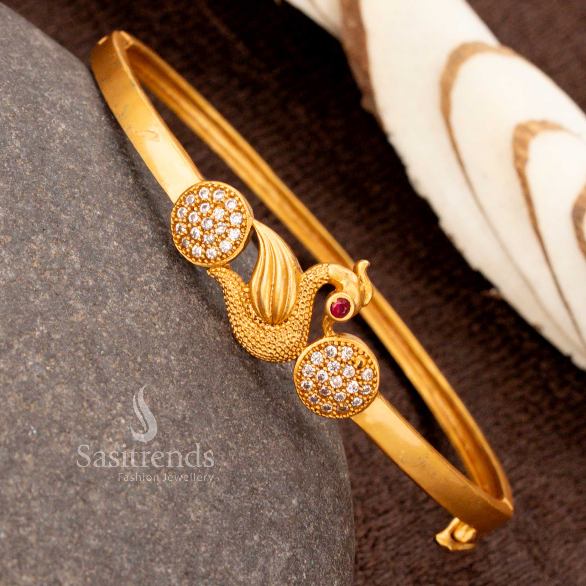 American Diamond Matte Gold Plated Openable Peacock Kada Bracelet for Traditional and Festive Wear - Sasitrends - Image 5