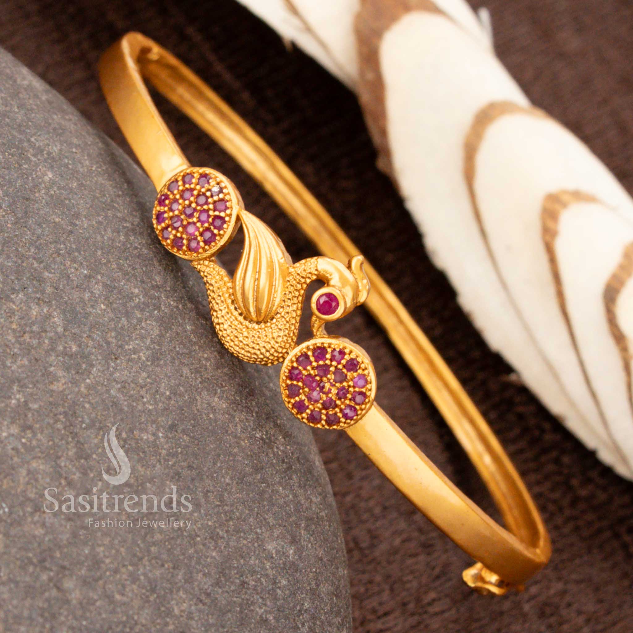 American Diamond Matte Gold Plated Openable Peacock Kada Bracelet for Traditional and Festive Wear - Sasitrends - Image 6
