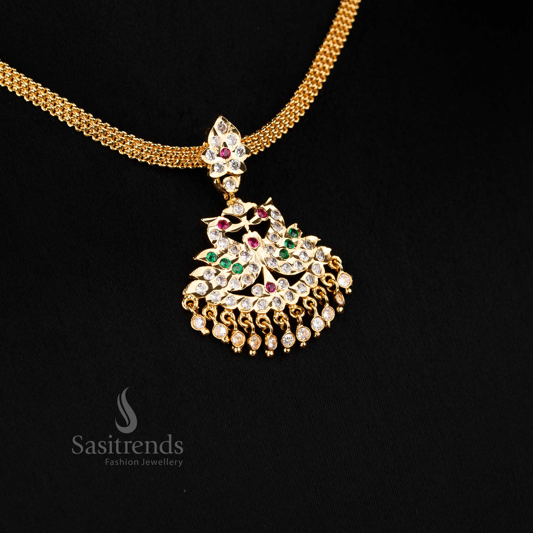 Exquisite Impon Pendant Chain Necklace with Peacock Motifs and Hanging Stones - Image 4