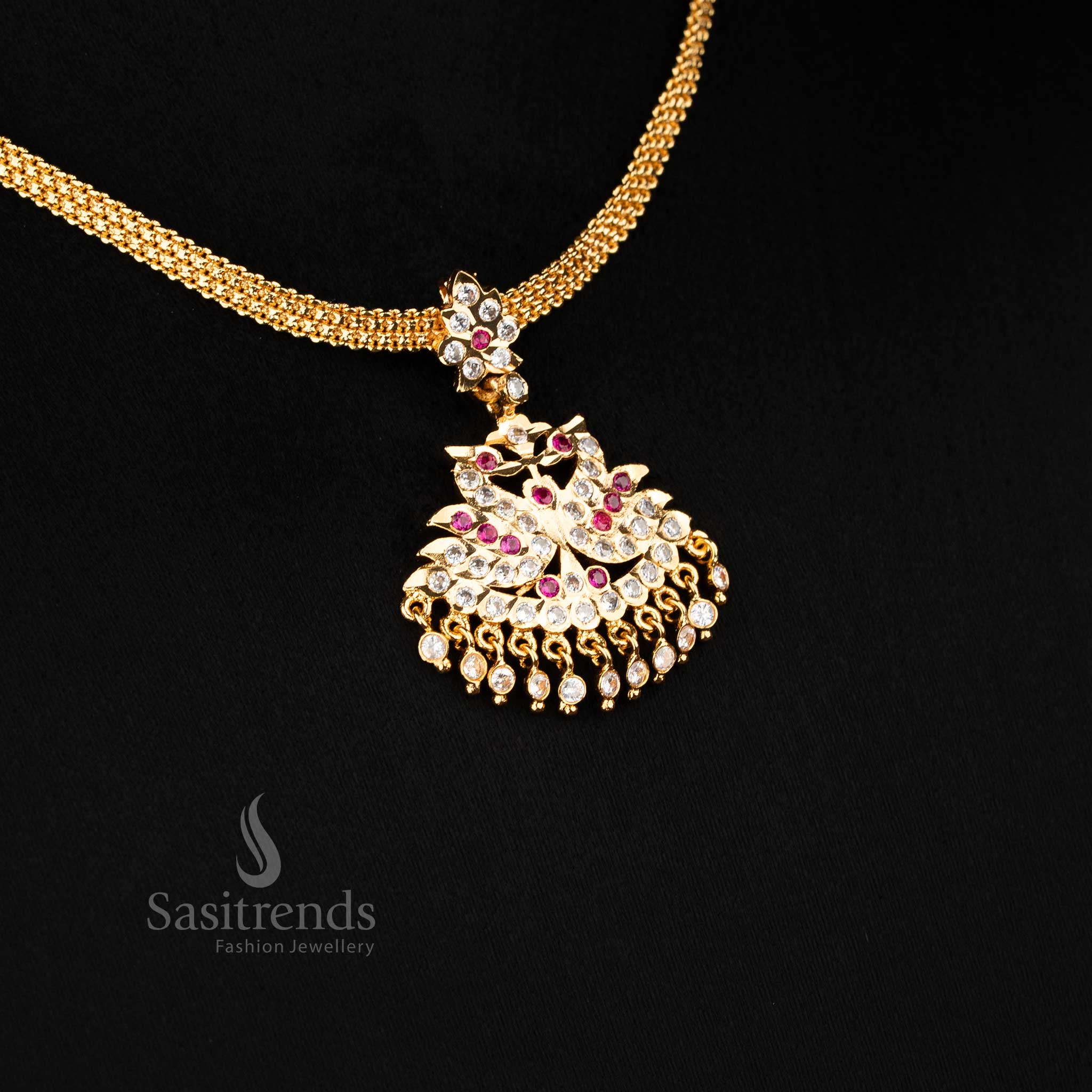 Exquisite Impon Pendant Chain Necklace with Peacock Motifs and Hanging Stones - Image 6