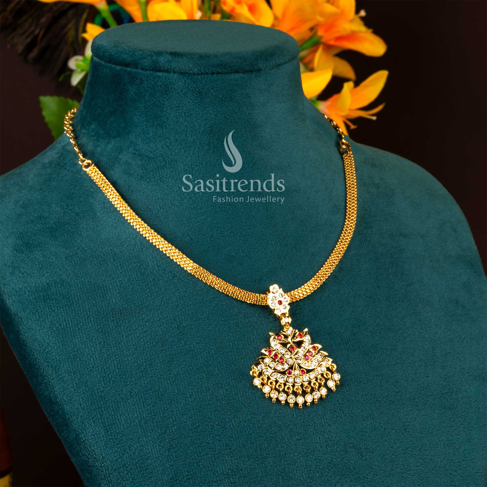 Exquisite Impon Pendant Chain Necklace with Peacock Motifs and Hanging Stones - Image 7