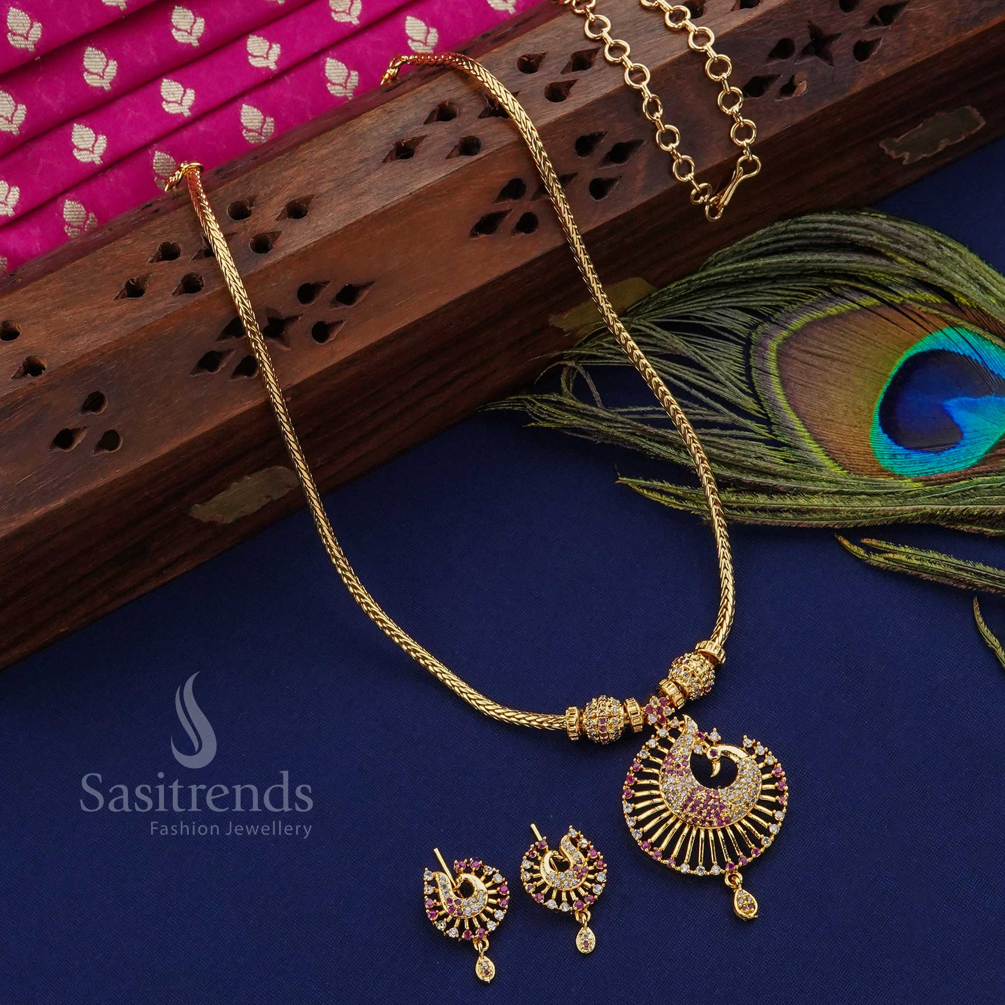 Delightful Peacock Pendant Ball Necklace Jewellery Set | Micro Gold Plated & Studded with American Diamonds - Image 3