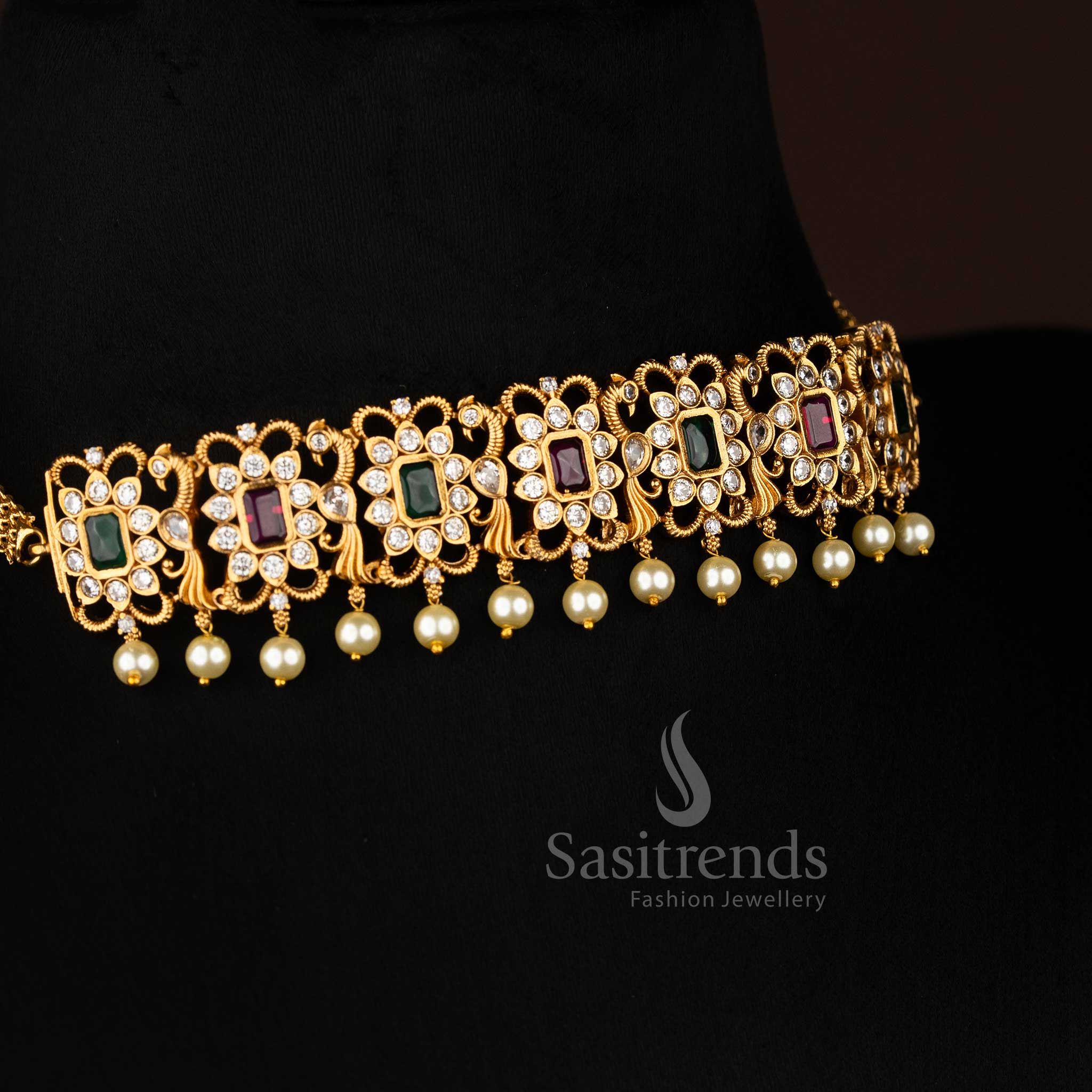 Gorgeous Traditional Temple Matte Gold Plated Peacock Choker Necklace Jewellery Set with Pearl and AD Stones for Women | Sasitrends - Image 2