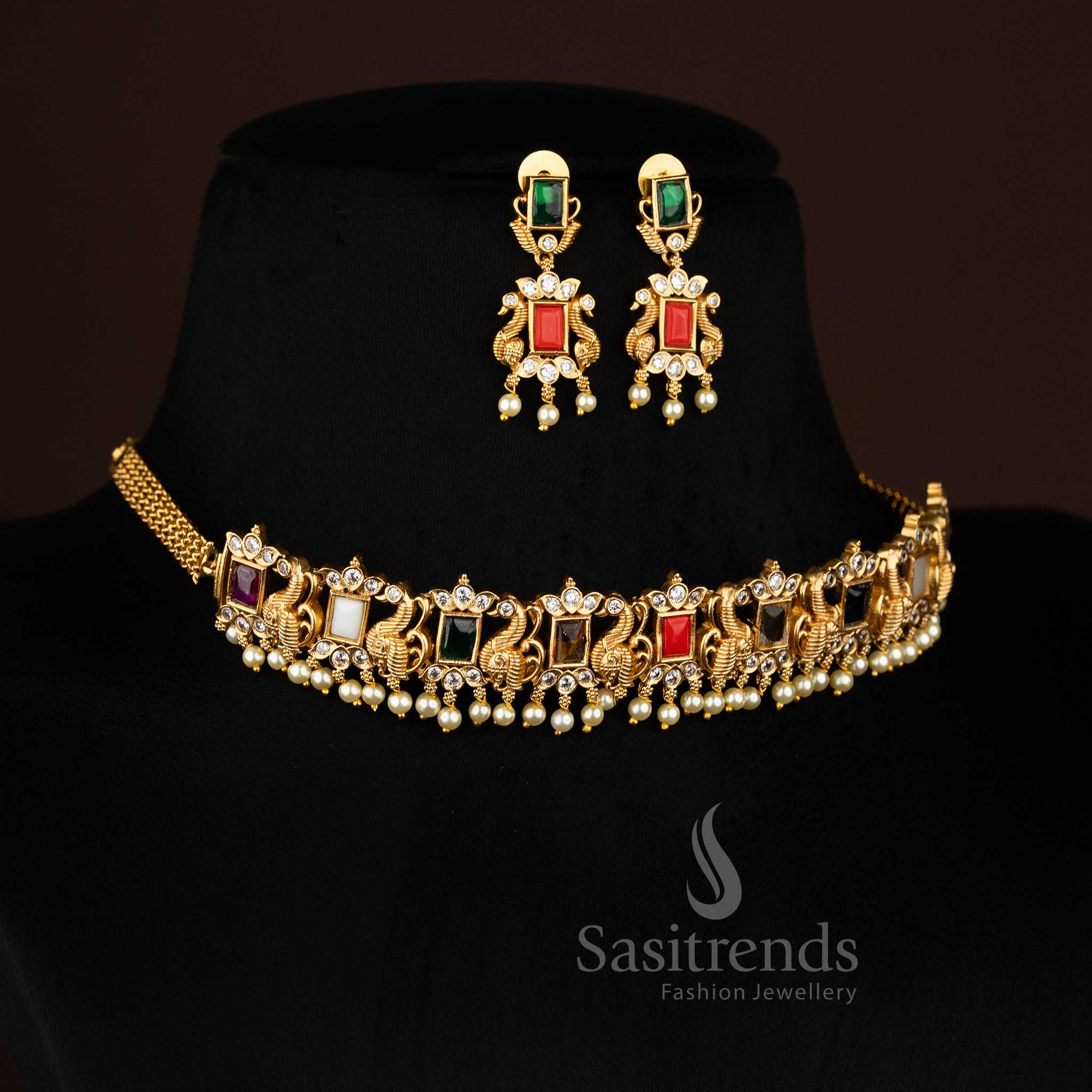 Gorgeous Traditional Temple Matte Gold Plated Peacock Choker Necklace Jewellery Set with Pearl and AD Stones for Women | Sasitrends - Image 5