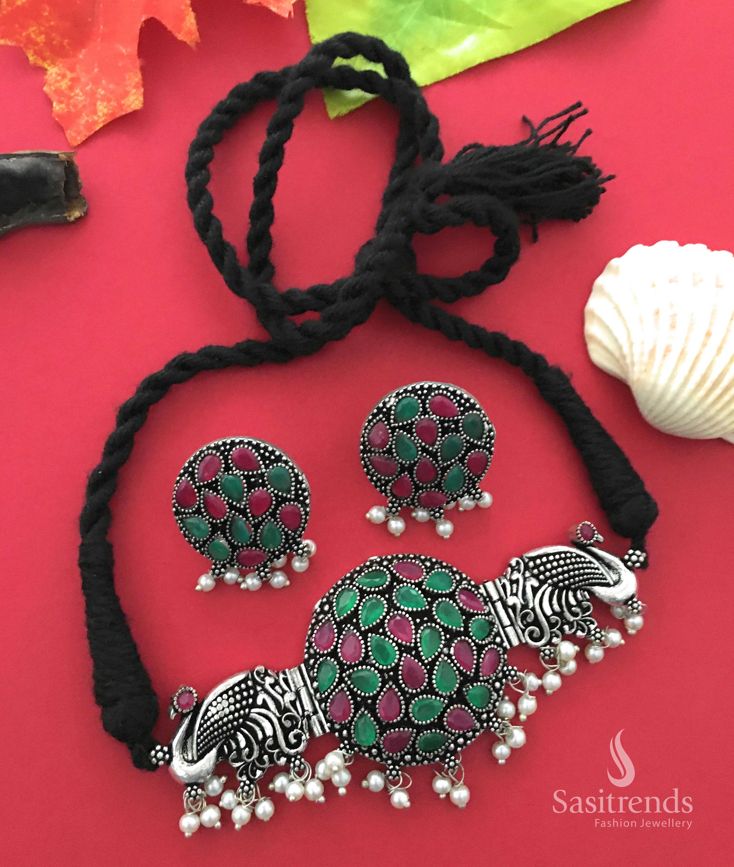 Trendy Peacock Oxidised Silver Choker Stones Necklace with Pearl Earrings Jewellery Set | Sasitrends - Image 11