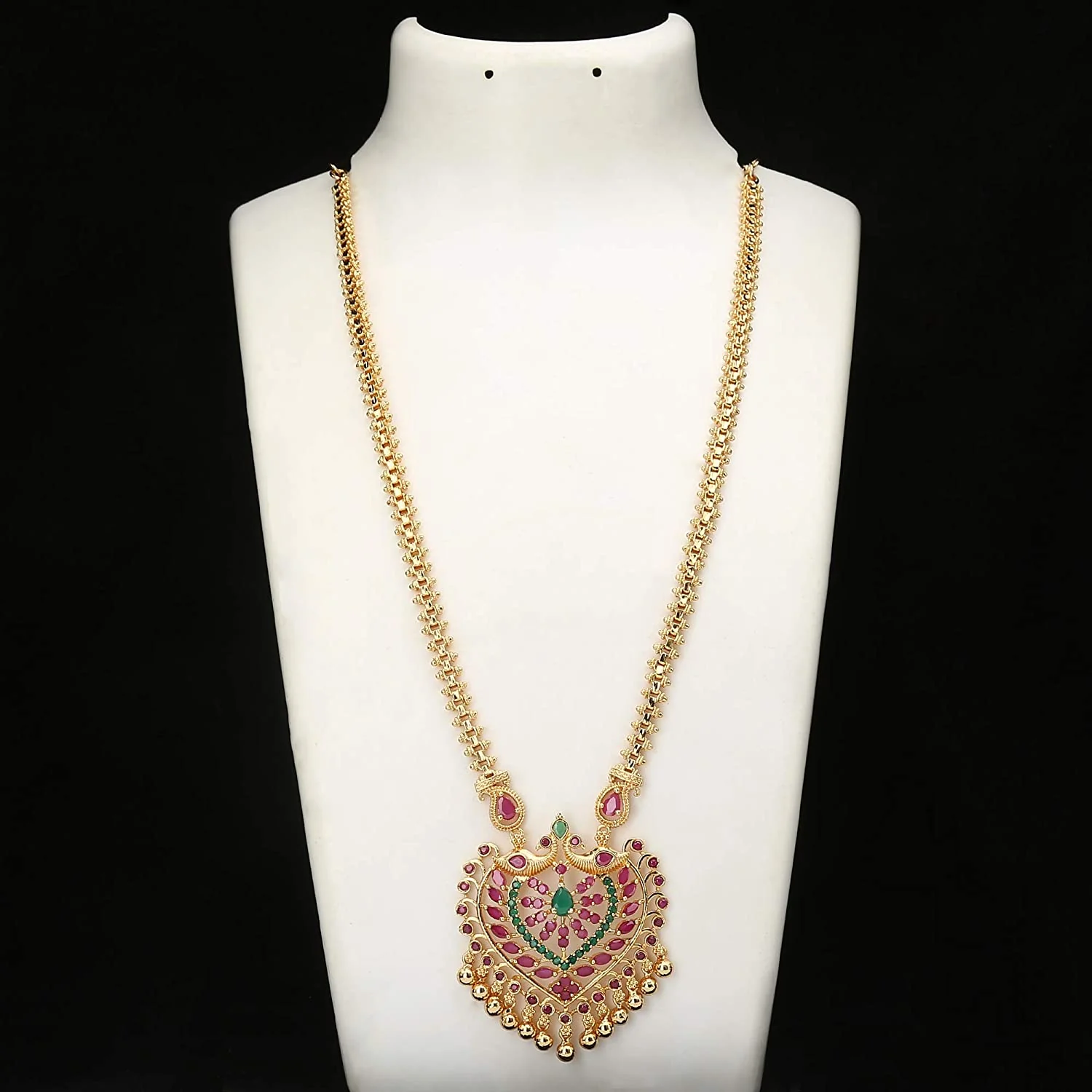 Exquisite Peacock Floral Pendant Micro Gold Plated Gajiri Necklace with Hanging Bead Drops - Image 2