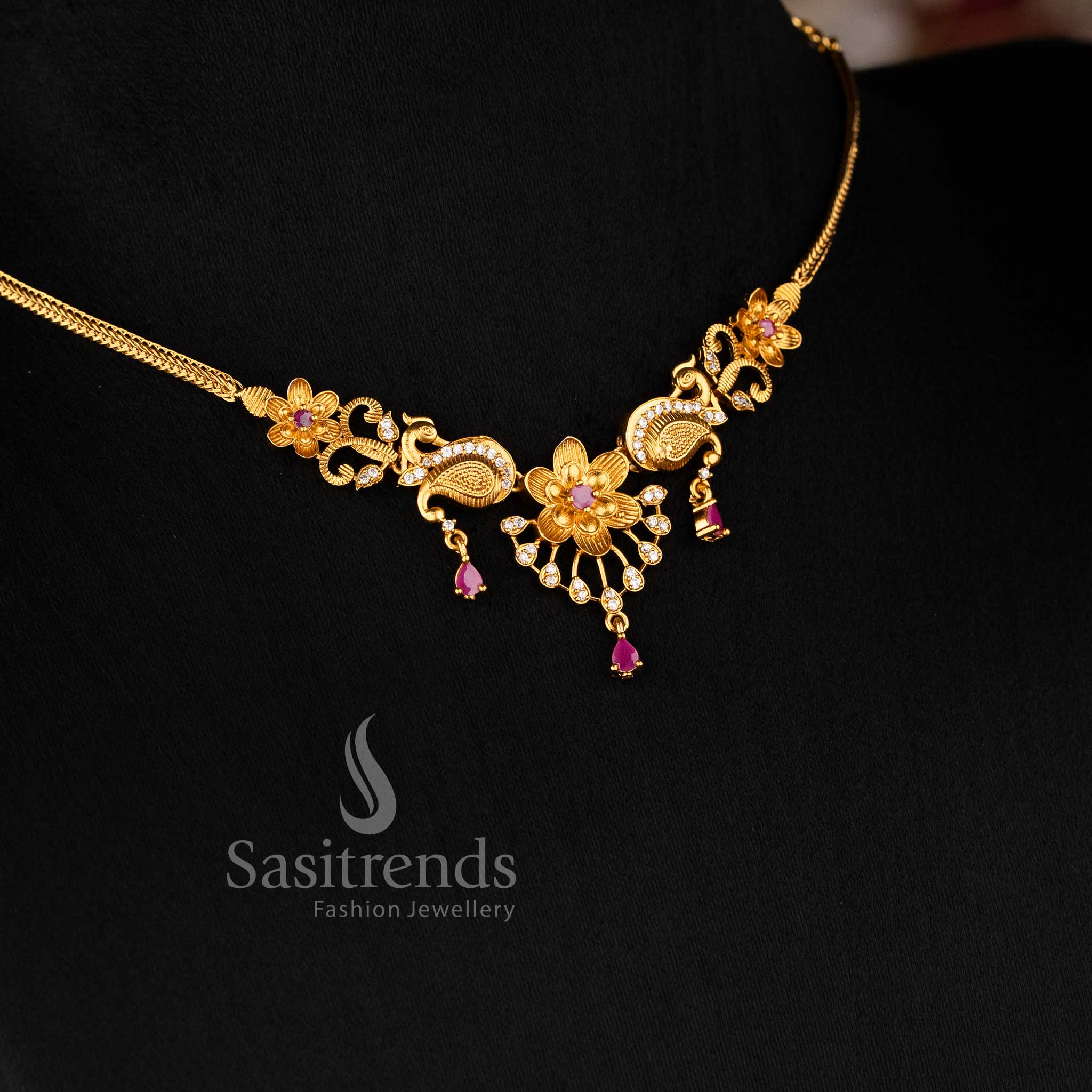 Enchanting Brilliance: Multi-Color Temple Matte Gold Tone AD Stone Peacock Necklace Jewellery Set | Sasitrends - Image 5