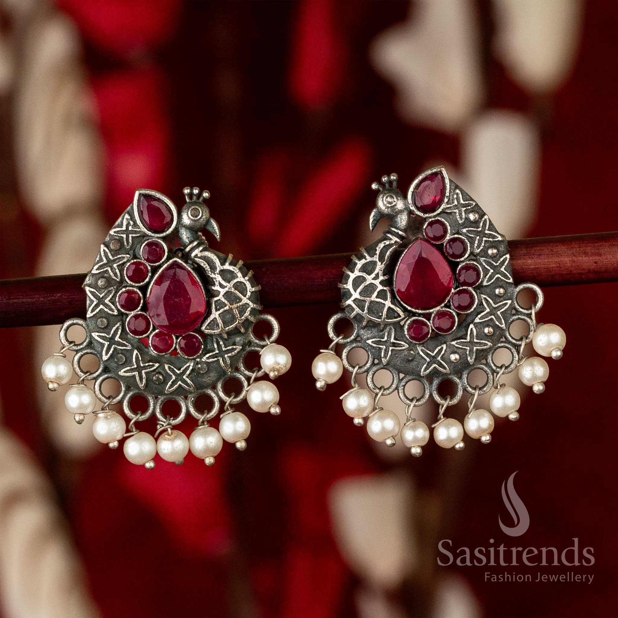 Oxidised Silver-Look Earrings with Peacock Motif and Waterdrop Center Stones Stud - Image 2