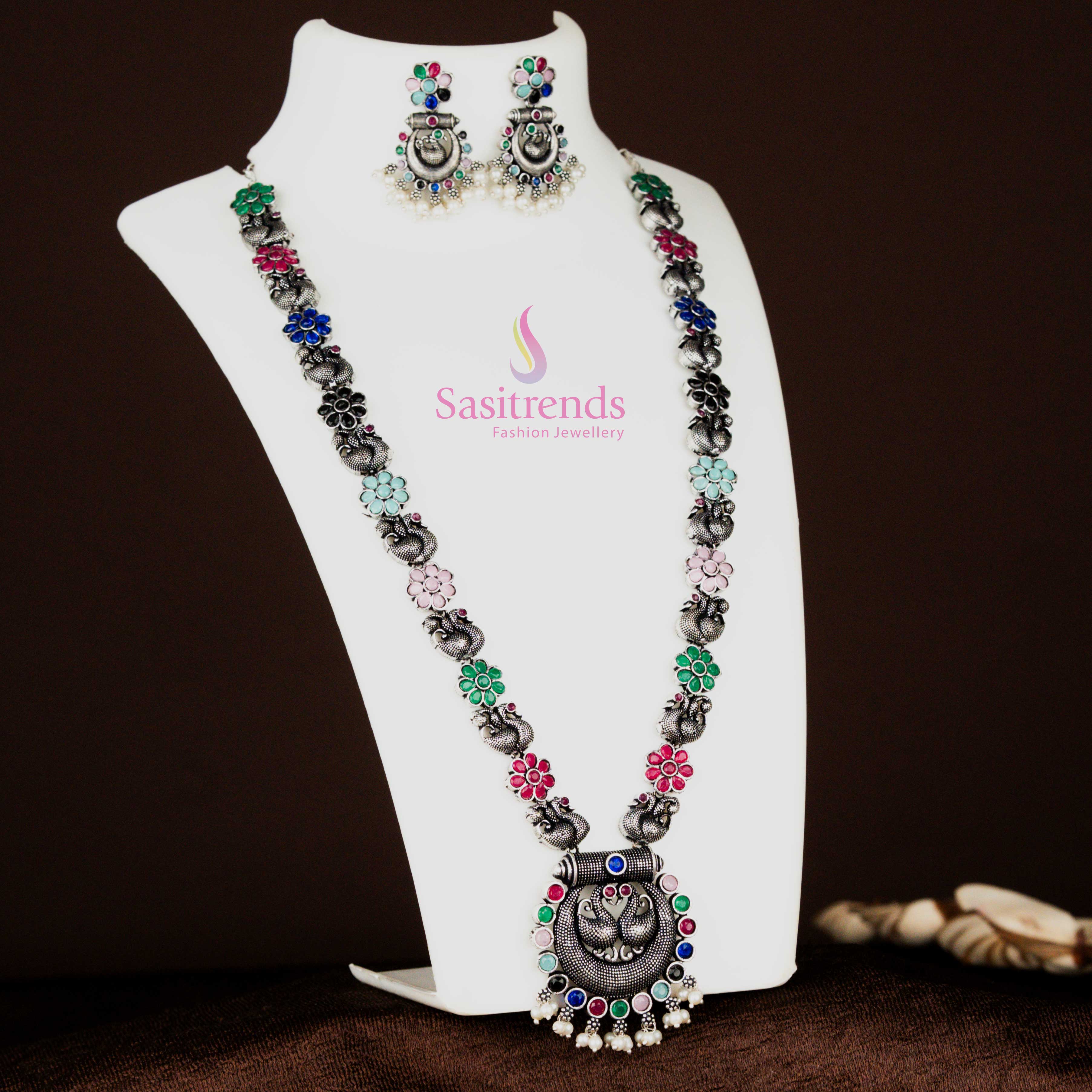 Traditional Oxidised Silver Peacock Chandbali Pendant Long Necklace Stones Stud Jewellery Set with Earrings | Sasitrends - Image 13