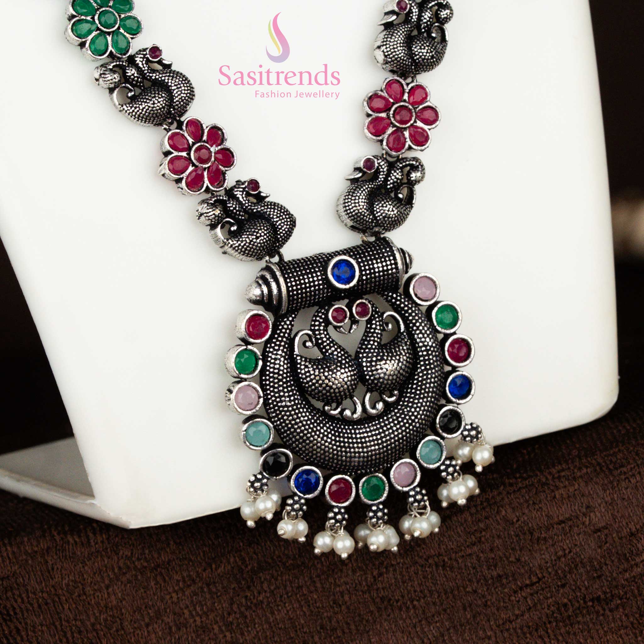 Traditional Oxidised Silver Peacock Chandbali Pendant Long Necklace Stones Stud Jewellery Set with Earrings | Sasitrends - Image 2