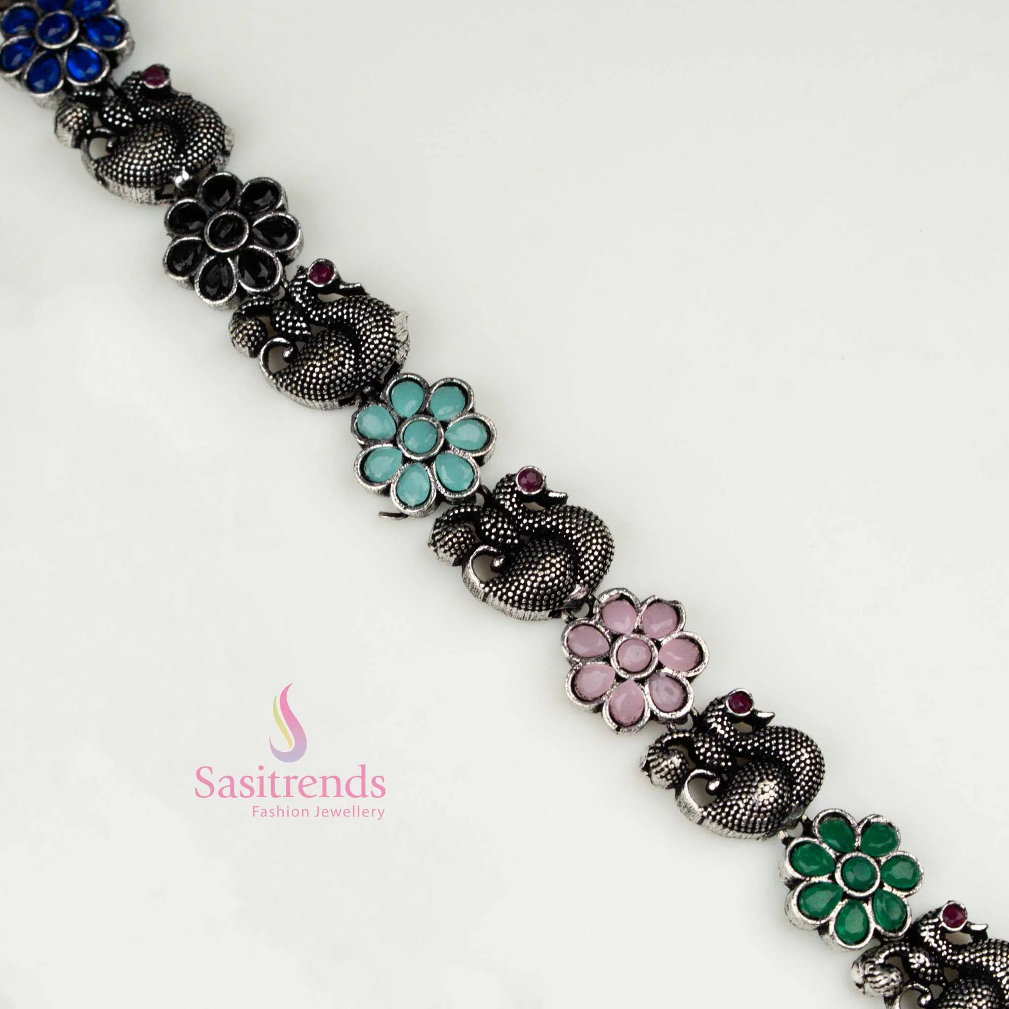Traditional Oxidised Silver Peacock Chandbali Pendant Long Necklace Stones Stud Jewellery Set with Earrings | Sasitrends - Image 3