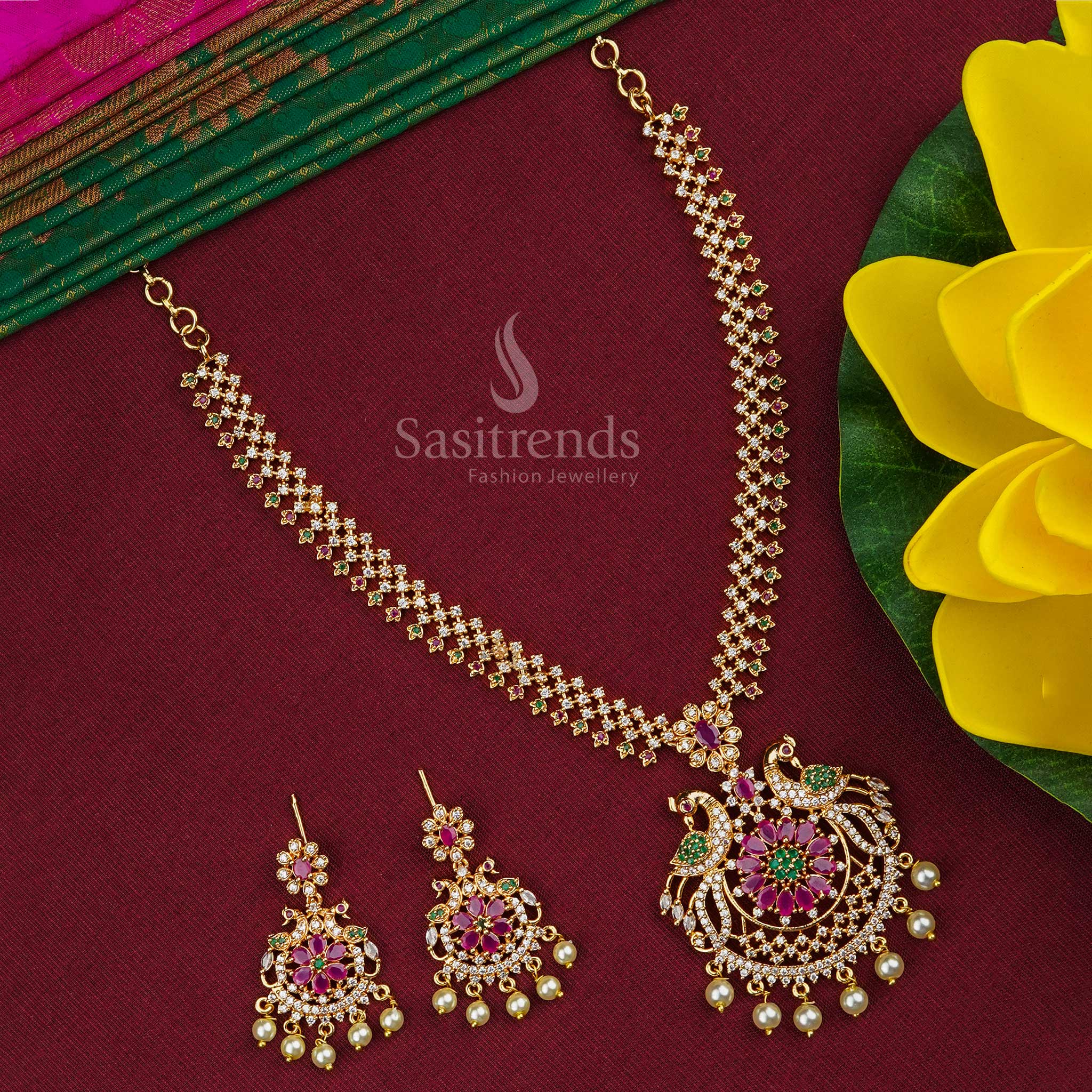 Exquisite Multi-Color American Diamond Micro Gold Plated Peacock Necklace Jewellery Set with Pearl Drops - Image 3